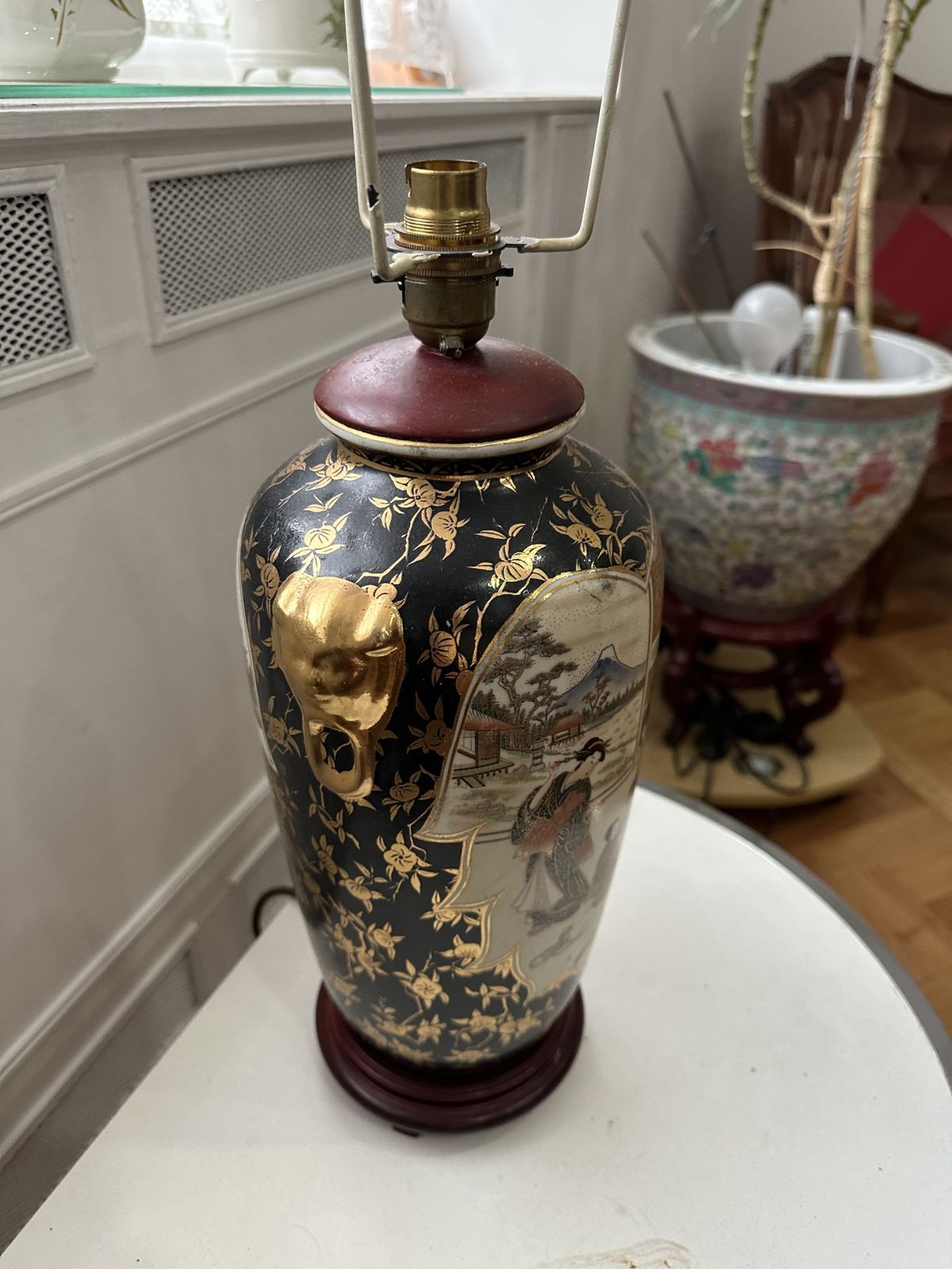 Oriental Ceramic Lamp  Wood Base Chinese Decorative Lighting Home Accent Bedside Table Lamp