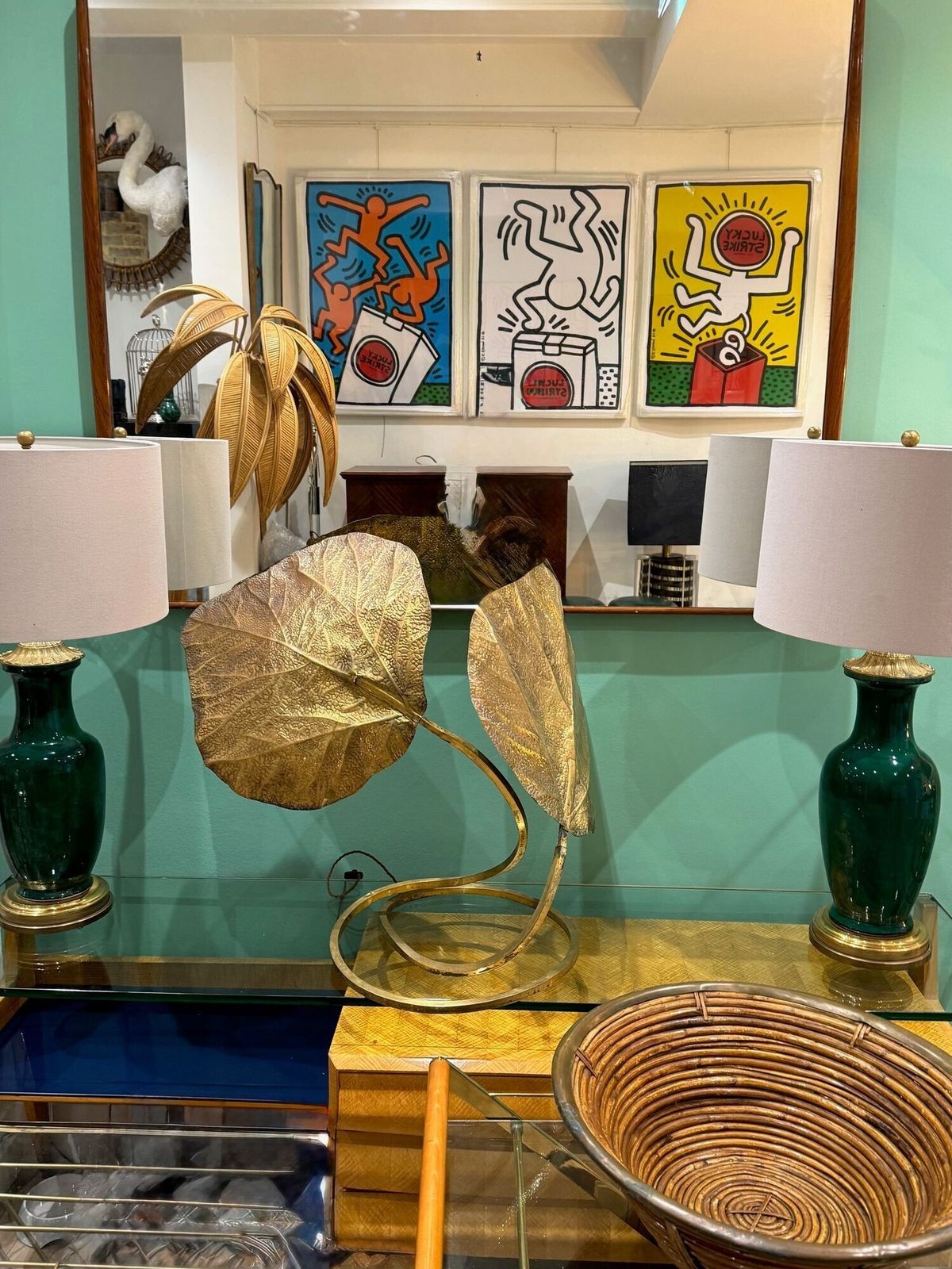 photo for sale A Large Italian 1970s Double Brass "Rhubarb Leaf" Table Lamp By Tommaso Barbi
