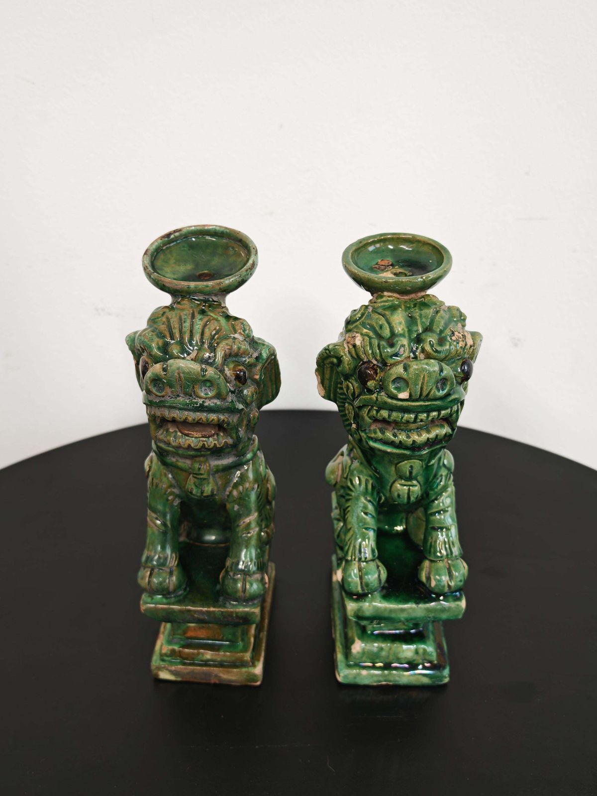 Pair Of Antique Foo Dogs Candle Holders In Ceramic, China 19th Century photo for sale