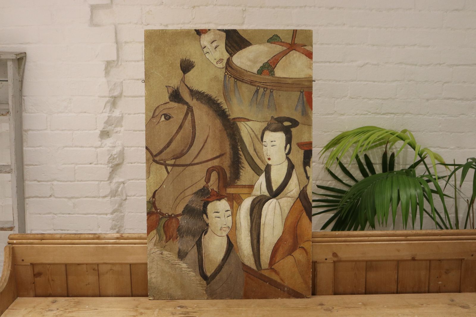 Large Oriental Chinese Painting On Board Horse & Figures photo furniture