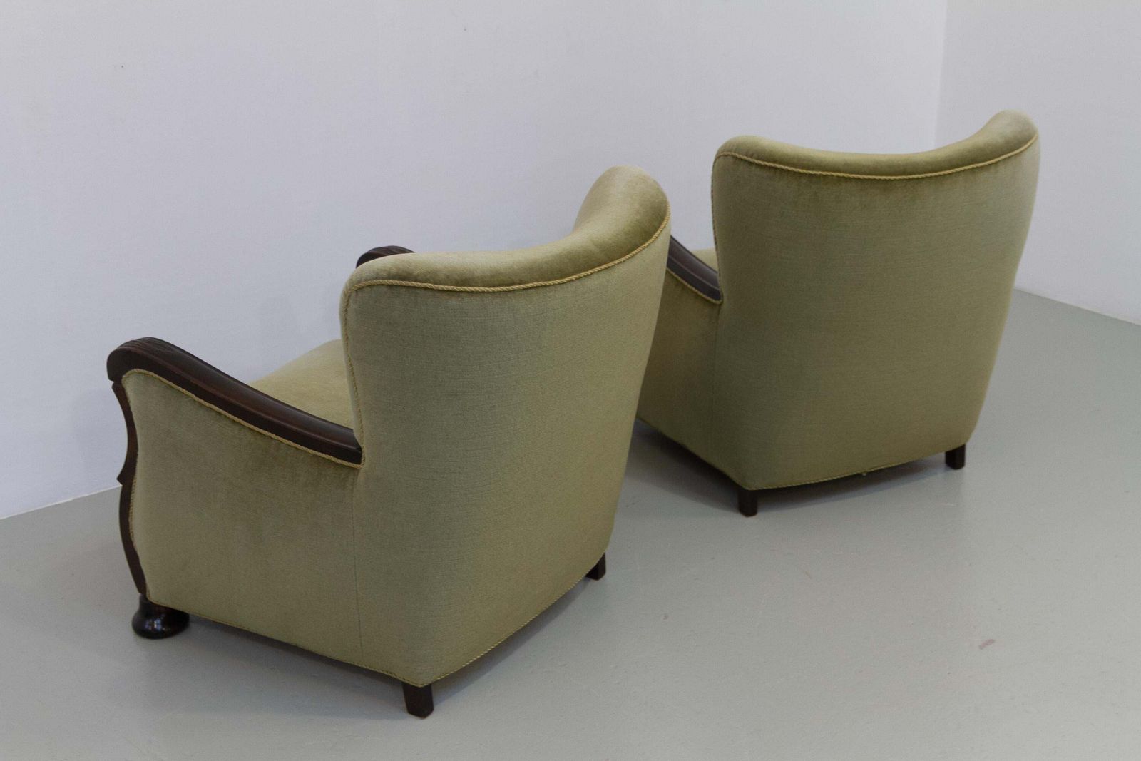 photo for sale Danish Art Deco Green Velvet Lounge Chairs, 1930s. Set Of 2.