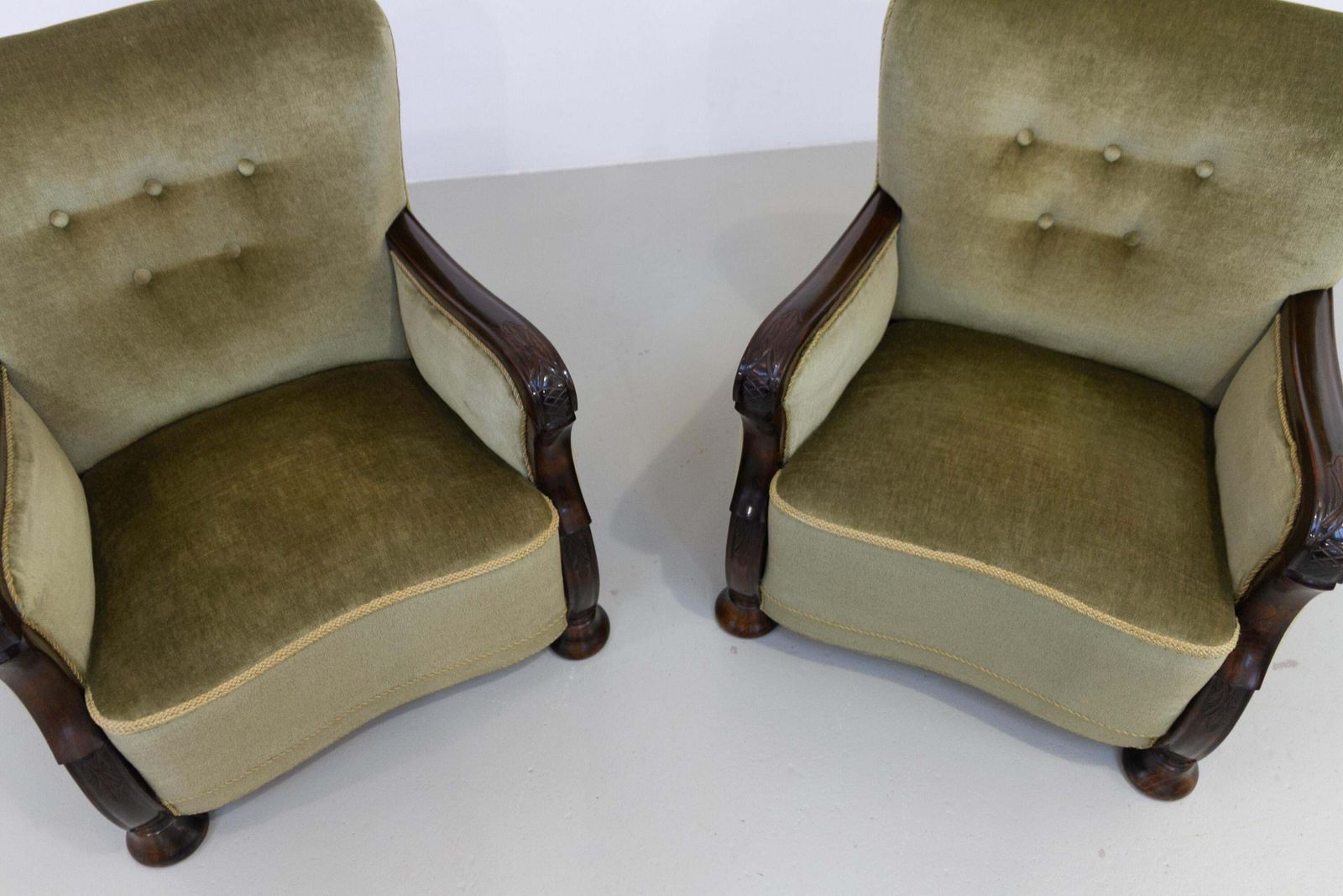photo buy Danish Art Deco Green Velvet Lounge Chairs, 1930s. Set Of 2.
