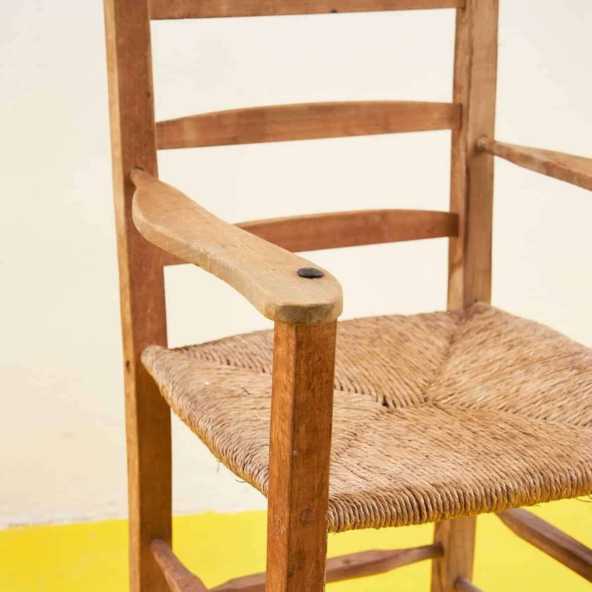 Rustic Wooden High Chair From The Early 1900s With Straw Seat photo furniture