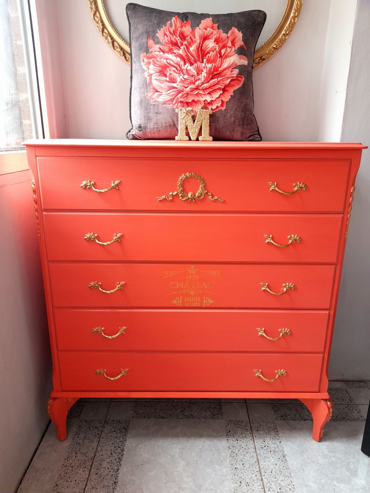 Olympus Five Drawer Chest. Hand Finished In Flamingo With Gold Highlights And Chateau Crest photo furniture