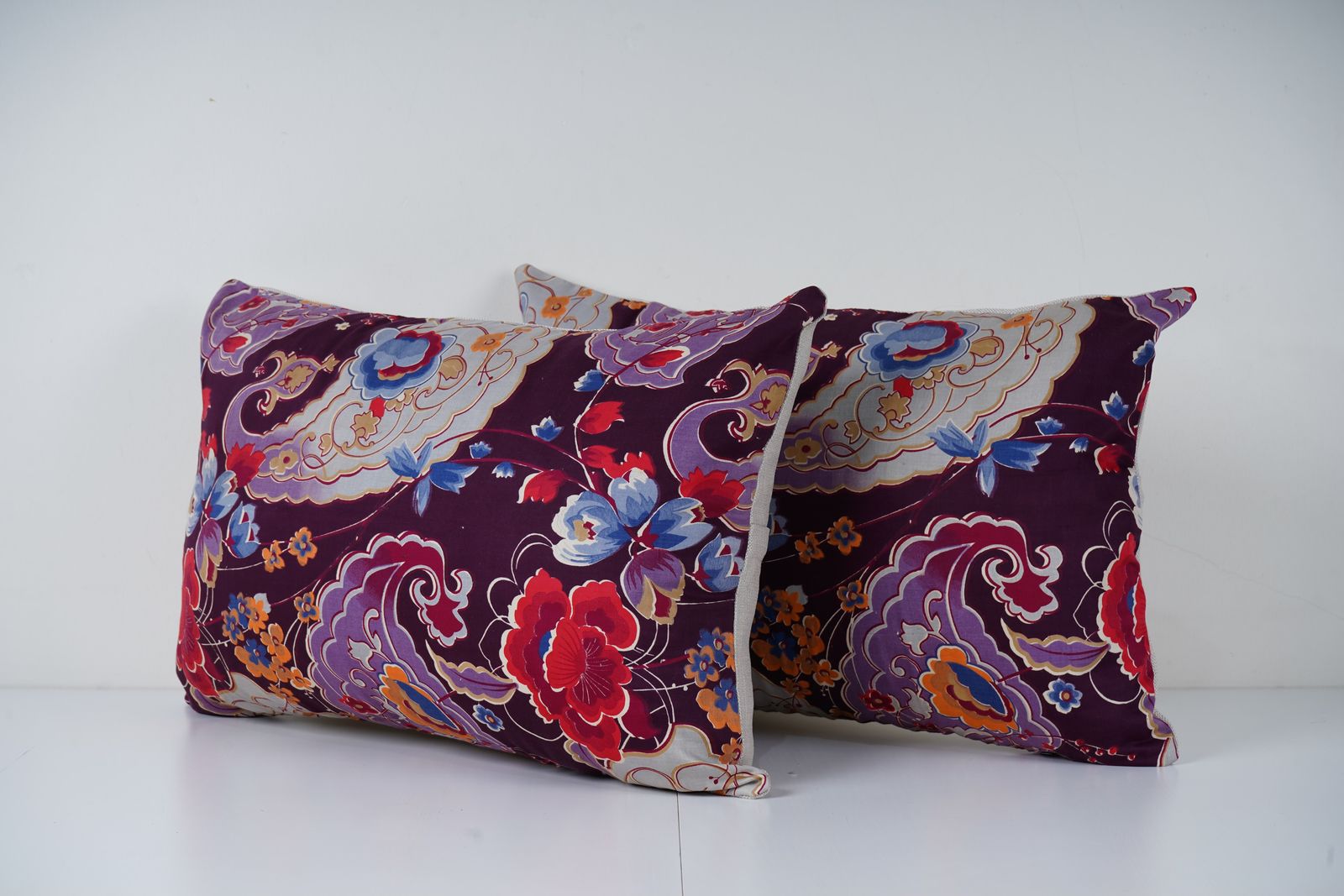 Blue And Red Floral Uzbek Roller Printed Lumbar Pillow Set, Handmade Boho Decorative Cushions photo Textiles