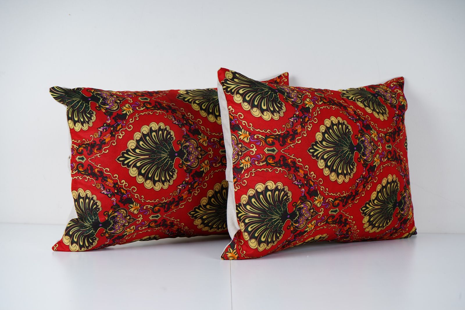 Uzbek Roller Printed Lumbar Pillow Cover, Set Of Two Red And Gold Handmade Ethnic Boho Decorative Pillows photo furniture