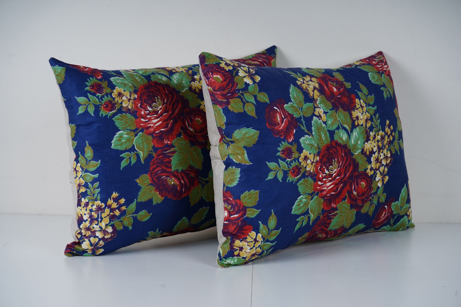 Handmade Uzbek Roller Printed Lumbar Pillow Set, Navy Blue Red Floral Cushion Covers Boho Decor photo for sale