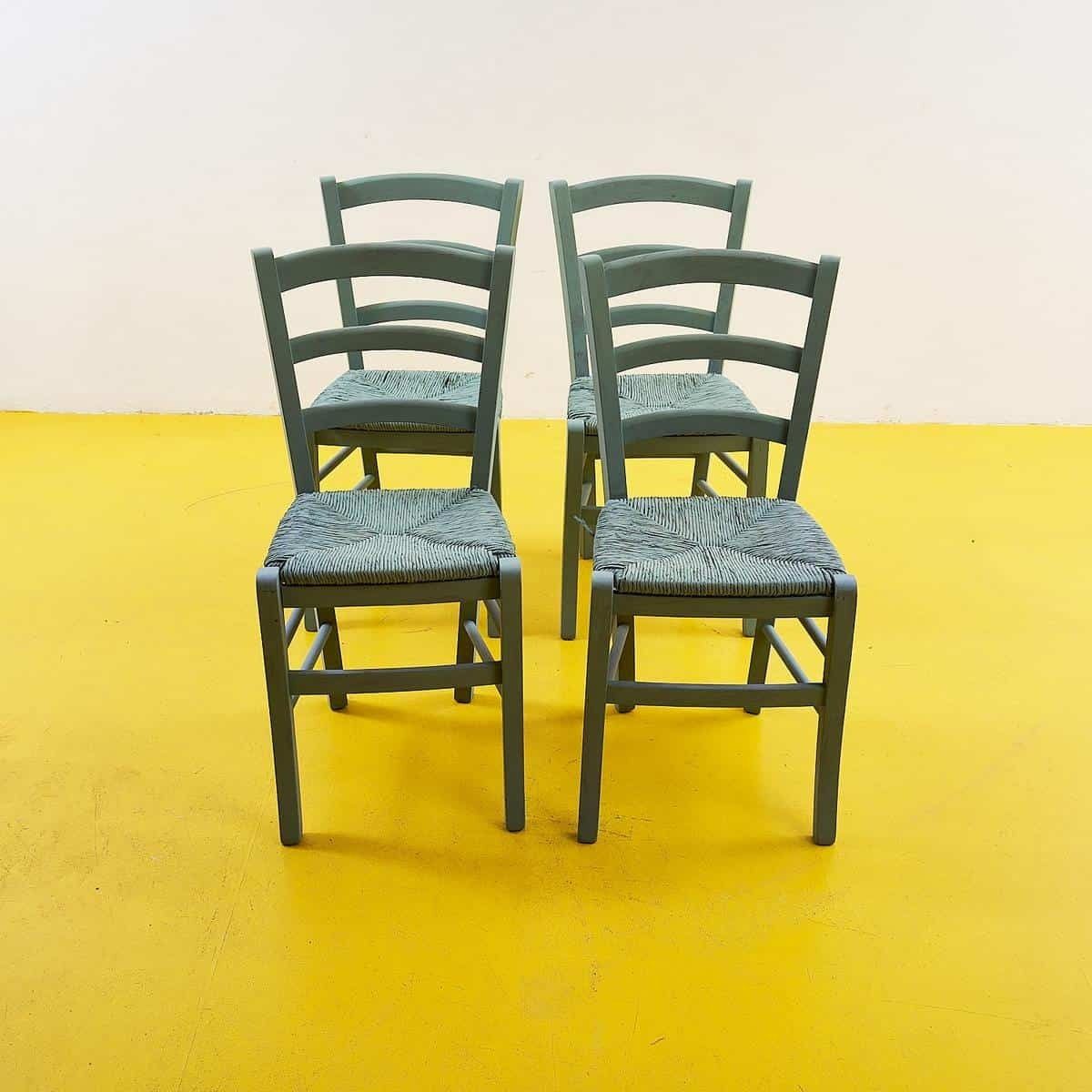 Rustic Wooden Chairs With Straw Seat, Dove Grey, 4 Pieces
