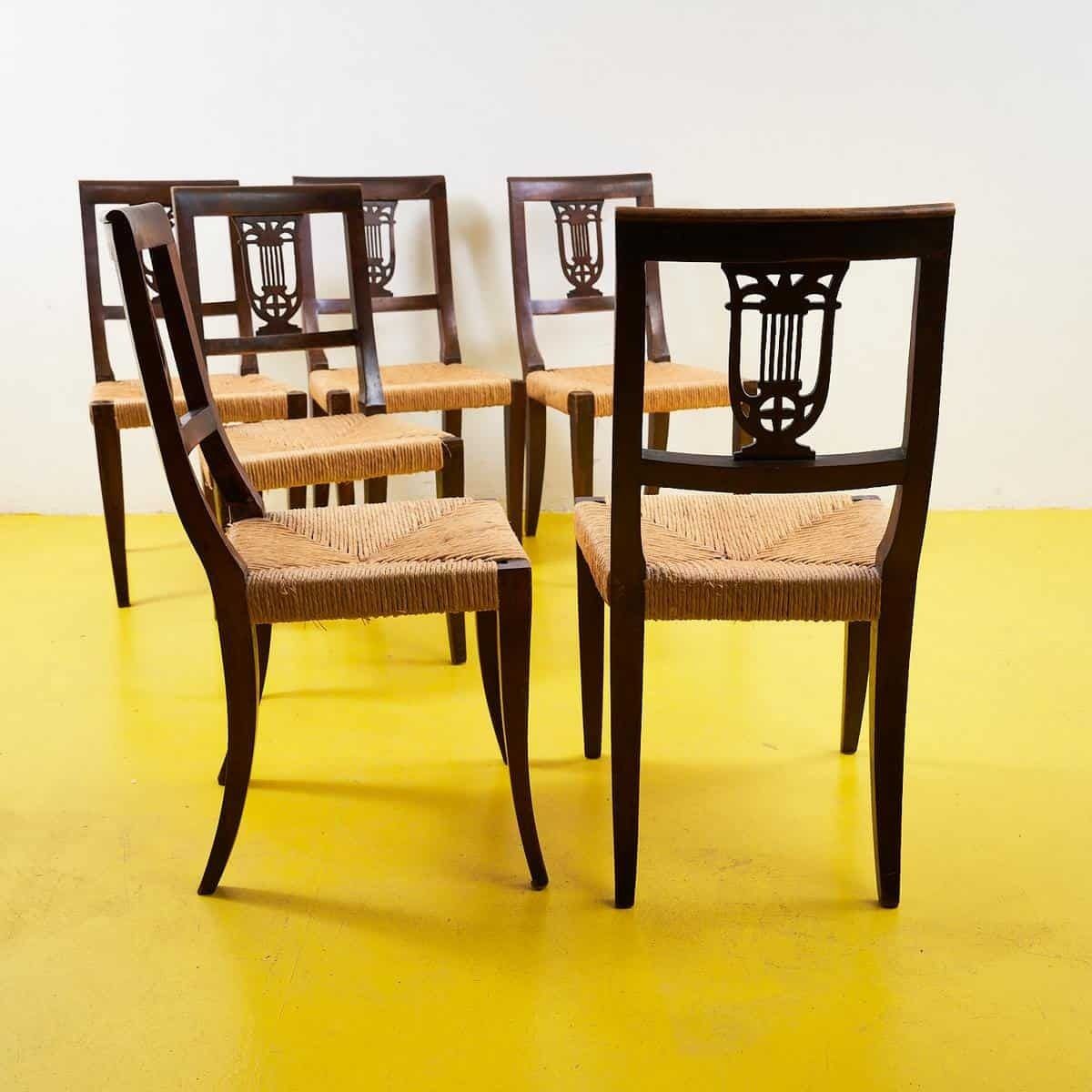 Antique Empire Wooden Chairs With Straw Seats, 6 Pieces photo 1092.0