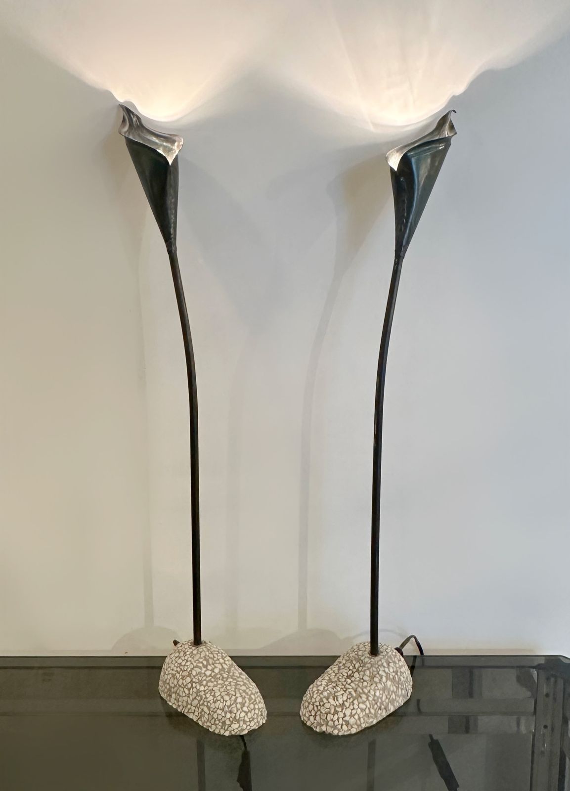 Pair Of Spanish Bronze Lilly Shaped Lamps With Stone Bases, 1980