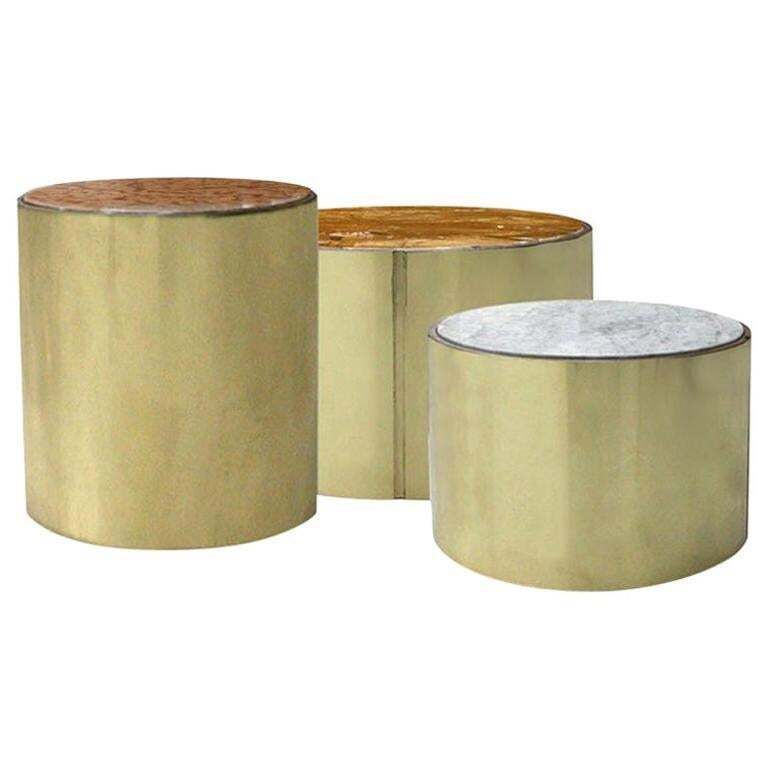L.A. Studio Modern Brass And Marble Set Of Three Italian Side Tables
