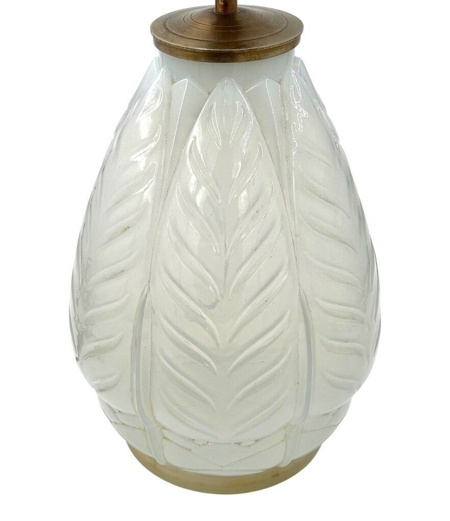 750.0 A French 1930s Cristallerie Lorraine Alsace Pressed Glass Opaline Lamp With Leaf Desgin photo
