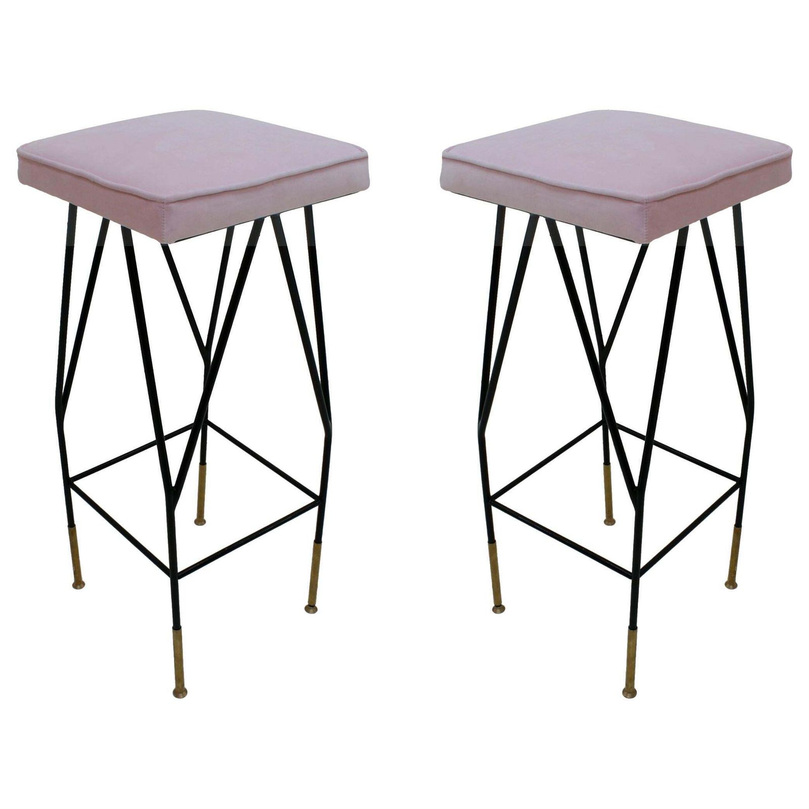 Pink Cotton Velvet And Black Lacquered Metal Italian Stools photo Furniture