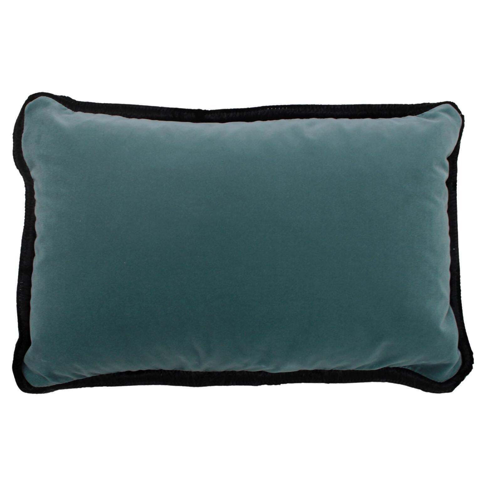 Turquoise Velvet Cushion In Cotton With Double Tinsel Trim And Linen Back