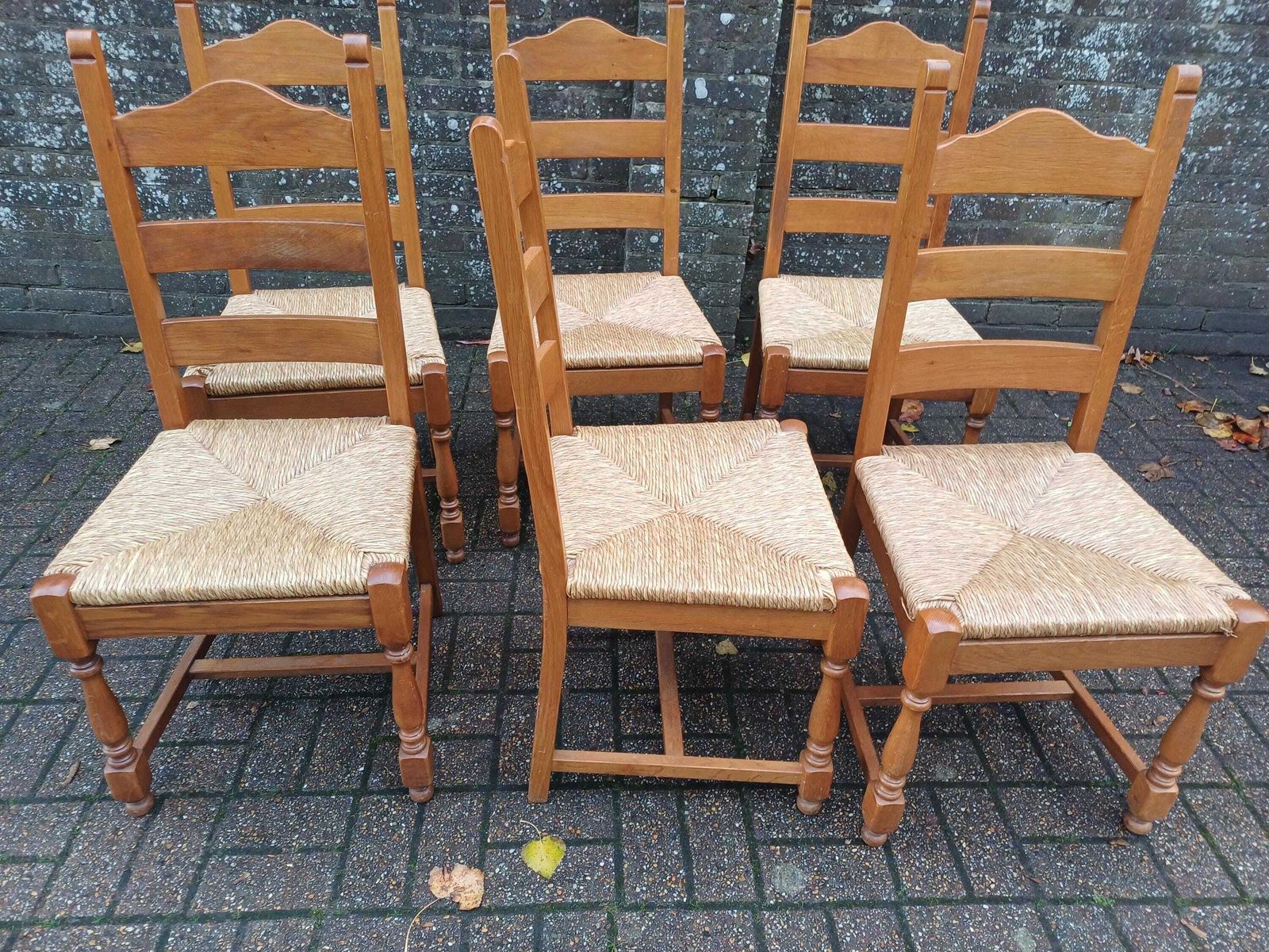 photo buy Set Of Six Vintage Country Kitchen Ladder Back Chairs With Rush Seats, Solid Oak Kitchen Or Dining Very Solid Free Hand Delivery