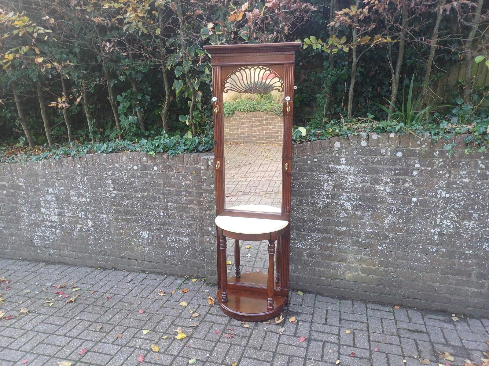 1980s American Wooden Hall Stand With Full Length Mirror, Brass Hooks & Marble Demi Lune Console Table Free Hand Delivery