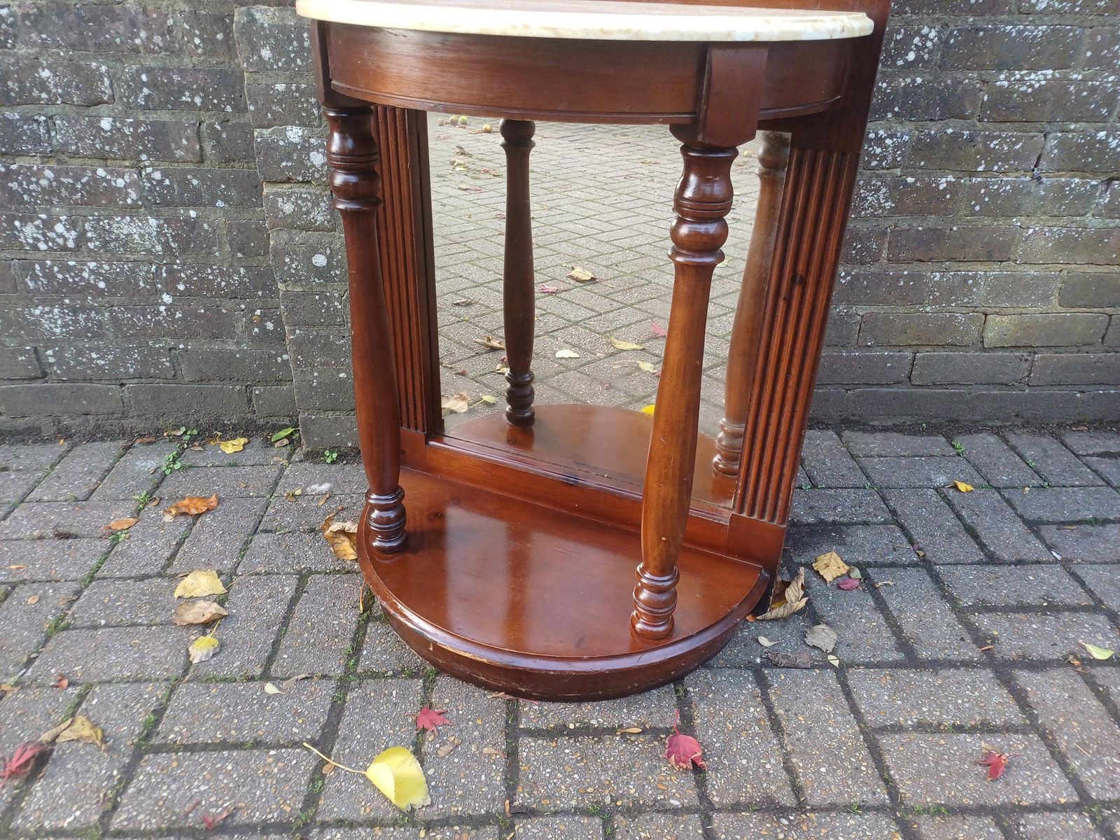 450.0 1980s American Wooden Hall Stand With Full Length Mirror, Brass Hooks & Marble Demi Lune Console Table Free Hand Delivery photo