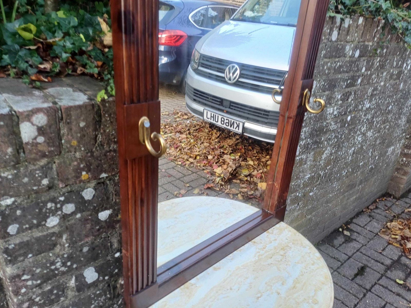 photo buy 1980s American Wooden Hall Stand With Full Length Mirror, Brass Hooks & Marble Demi Lune Console Table Free Hand Delivery