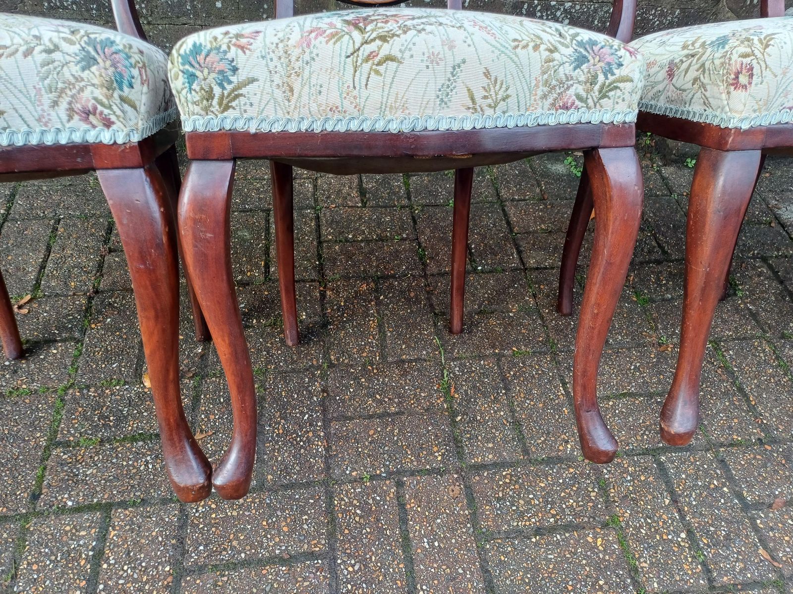 photo furniture Set Of Four Late Victorian Mahogany Dining Chairs Marquetry Mother Of Pearl Inlay & Floral Jacquard Upholstery C1890s Free Hand Delivery