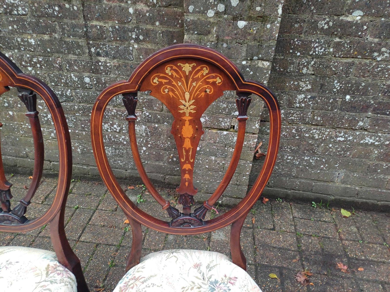 photo vintage Set Of Four Late Victorian Mahogany Dining Chairs Marquetry Mother Of Pearl Inlay & Floral Jacquard Upholstery C1890s Free Hand Delivery