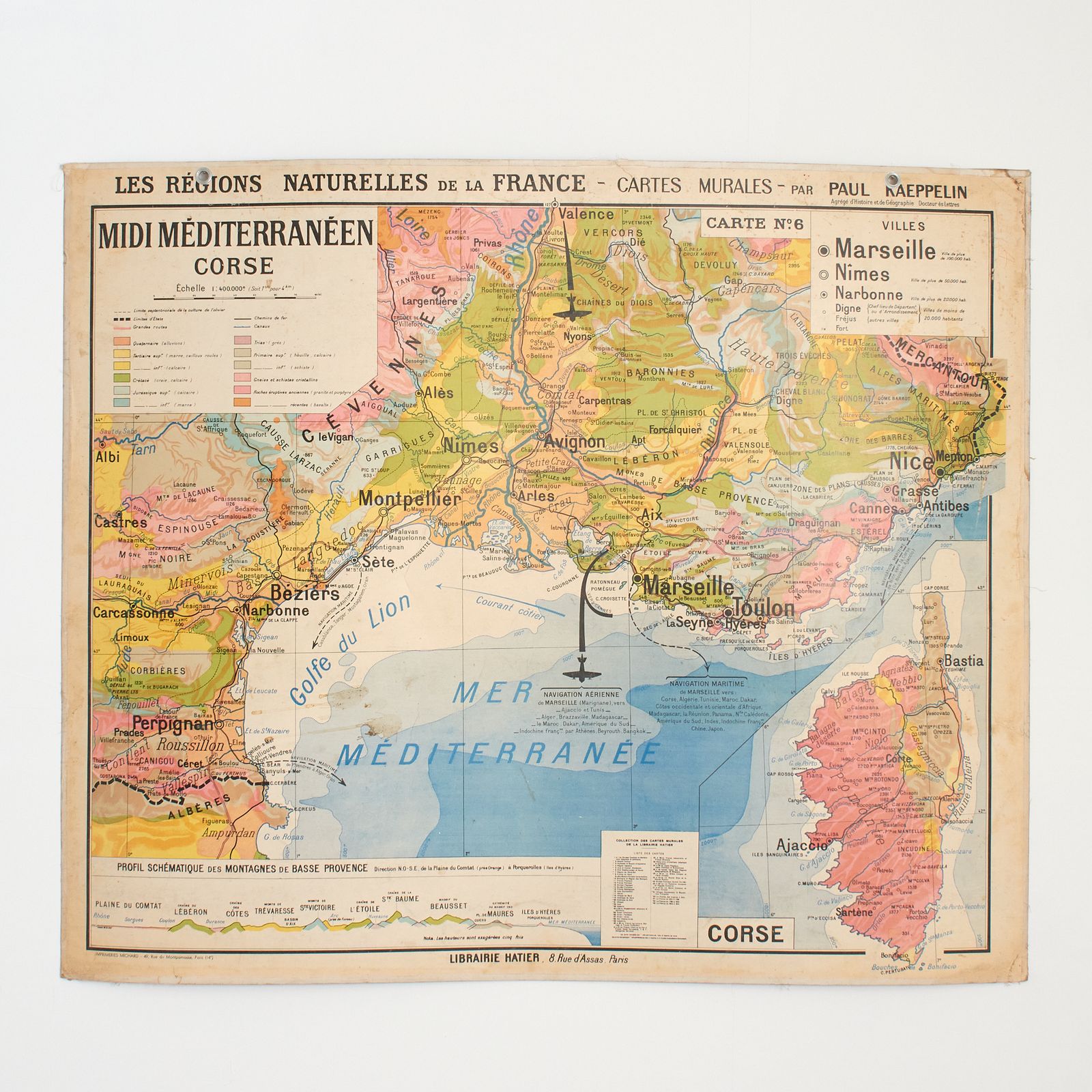 Antique French Wall Map Of Mediterranean South France & Corsica – Hatier 6 photo furniture