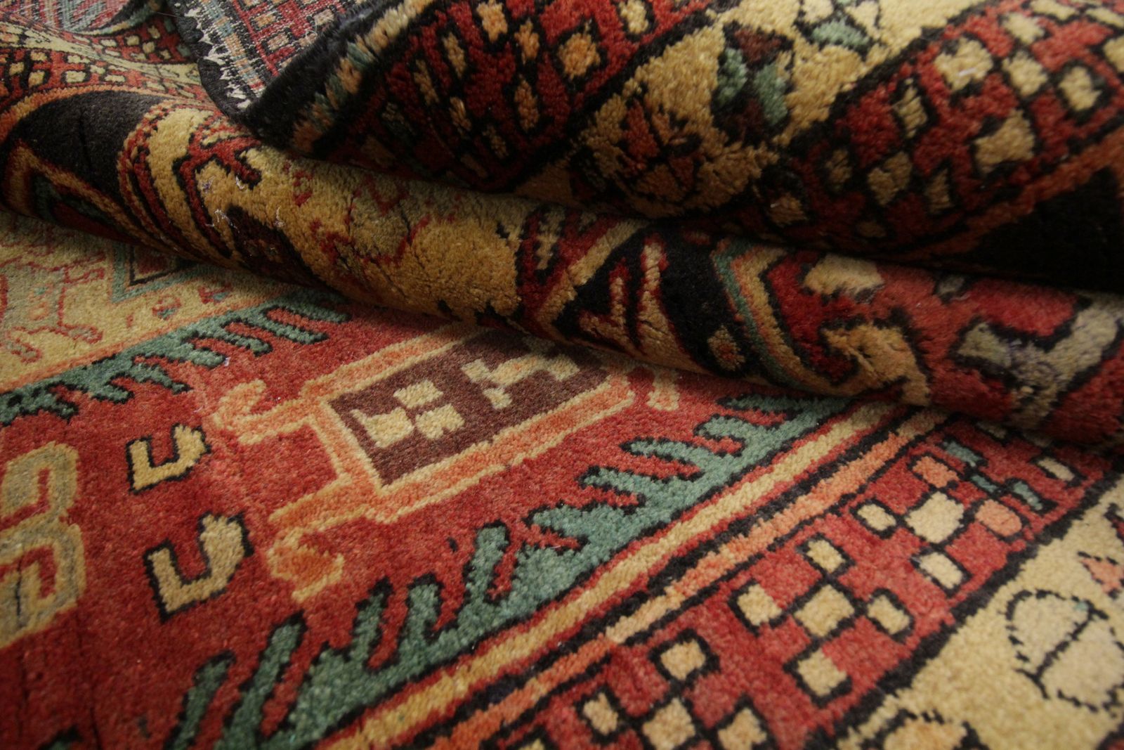 Red & Mustard Vintage Lankaran Geometric Wool Runner Rug 304 X 115 Cm photo 1690.0