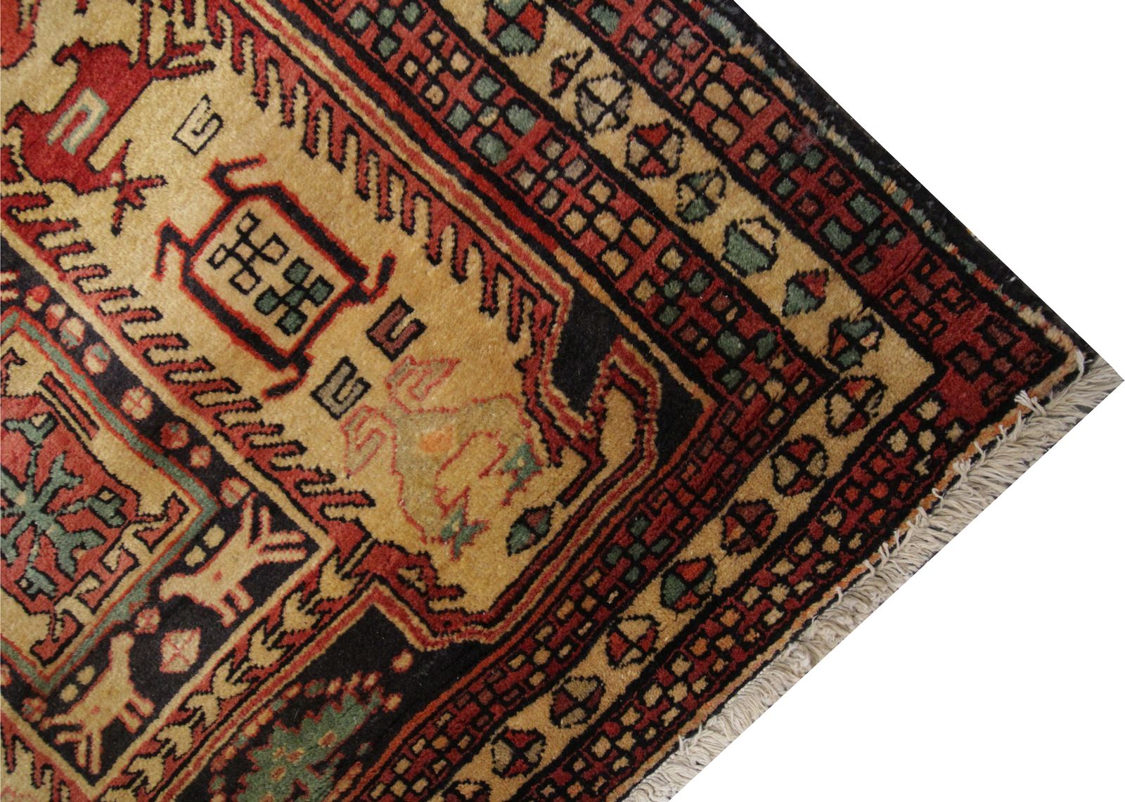 Red & Mustard Vintage Lankaran Geometric Wool Runner Rug 304 X 115 Cm photo vinterior