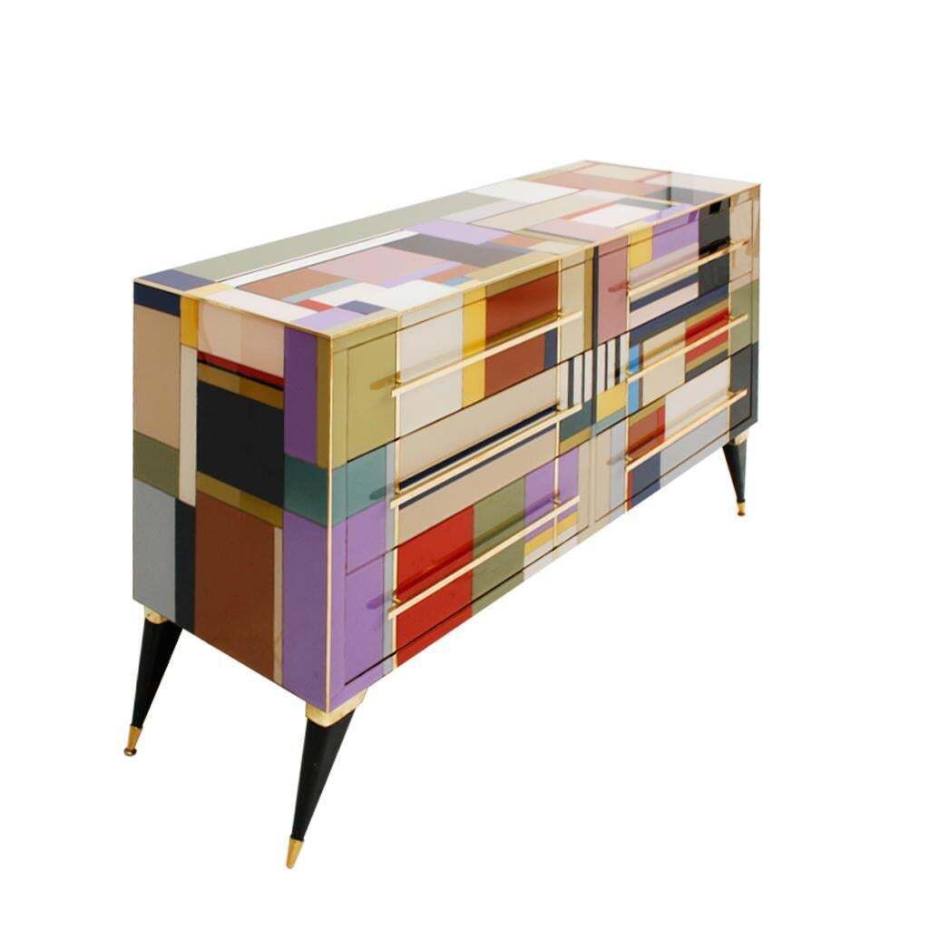 Mid Century Modern Style Murano Glass And Brass Italian Sideboard By L.A. Studio photo Furniture