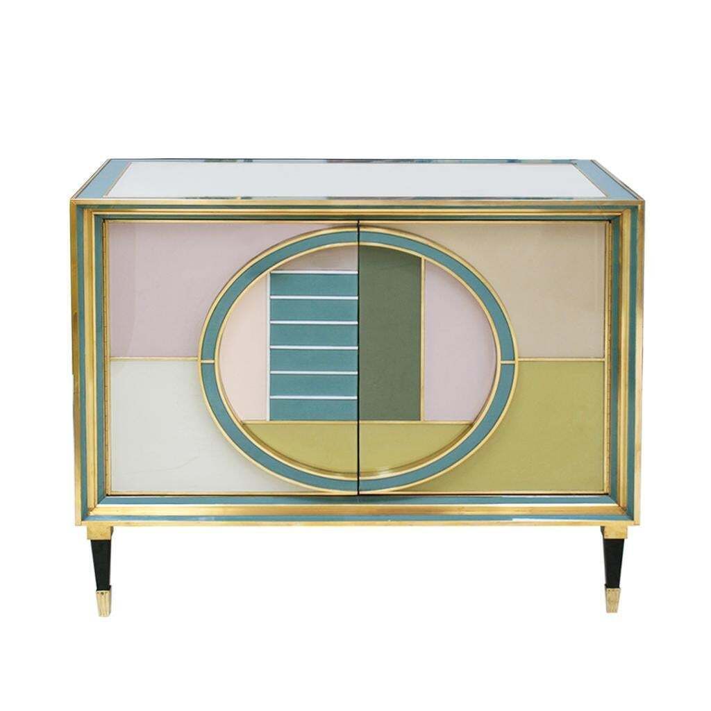 Mid Century Modern Style Italian Cabinet Wood, Brass And Colored Glass photo for sale