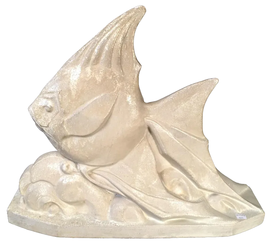 Roger Guerin, Groot Art Deco Visbeeldhouwwerk, 1935, Steengoed
