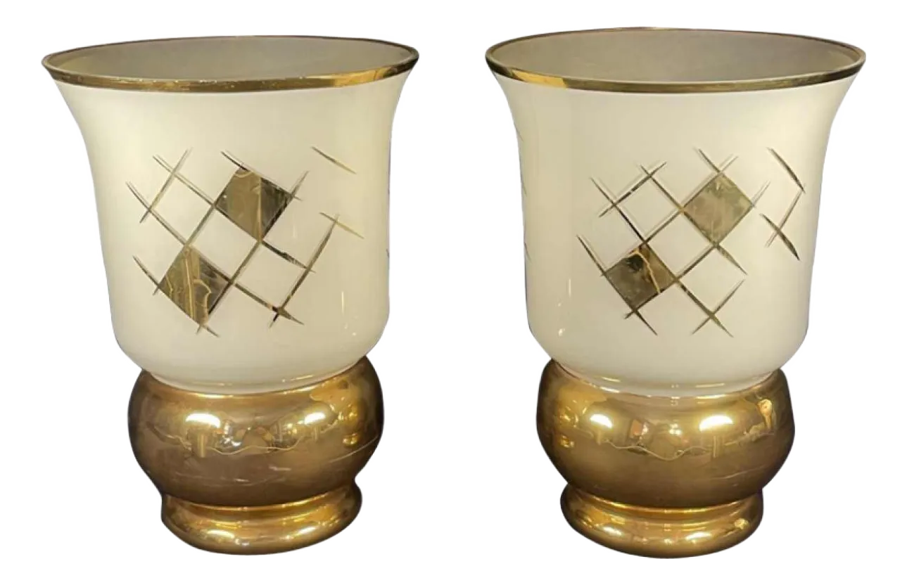 Art Deco Gouden Zandgestraald Glazen Vazen Van Verreries De Laeken, 1935, Set Van 2
