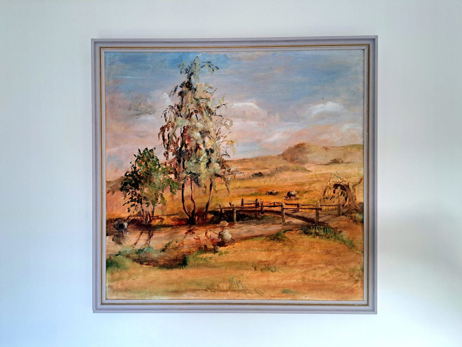 50.0 Vintage Oil Painting Of A Boy Fishing In A Rural Landscape photo