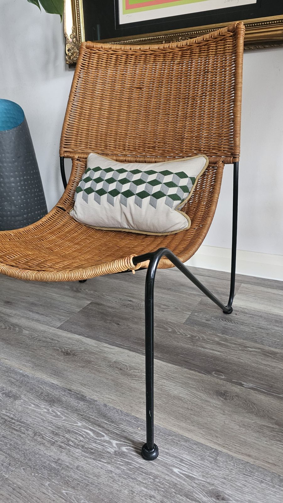 Classic Mid Century Modern Chair In Wicker/ Rattan & Wrought Iron By Frederic Weinberg