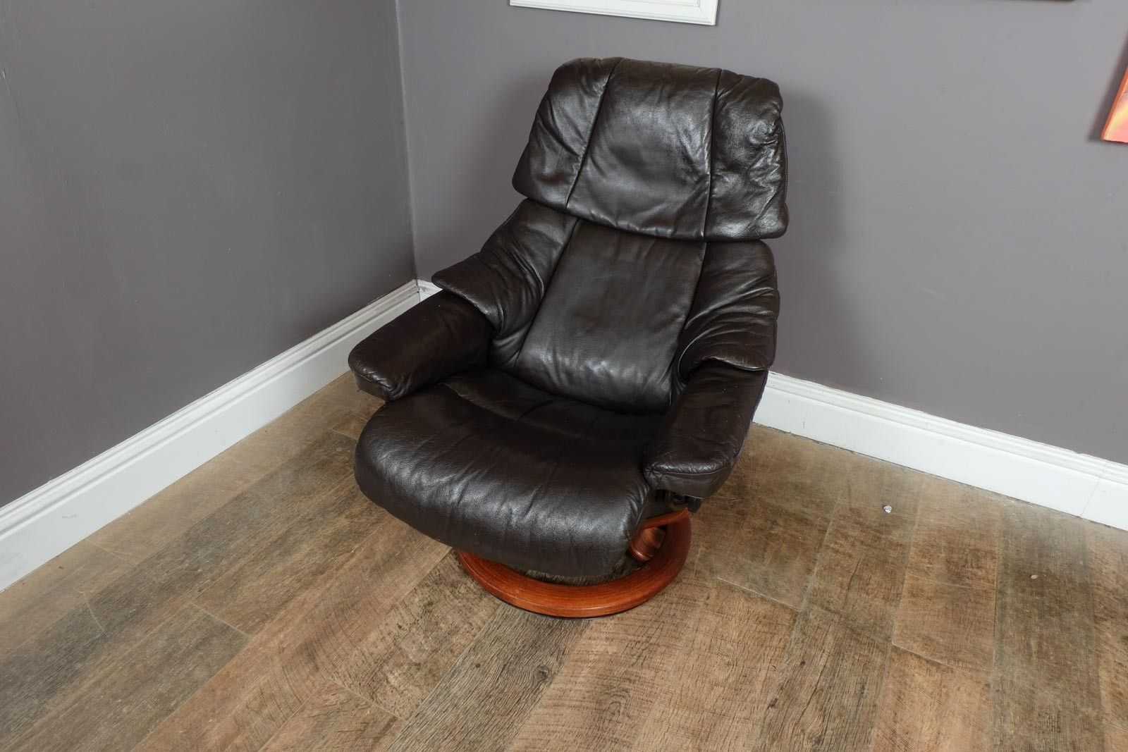Vintage Retro Dark Brown Leather Stress Less Reclining Armchair And Footstool photo Furniture