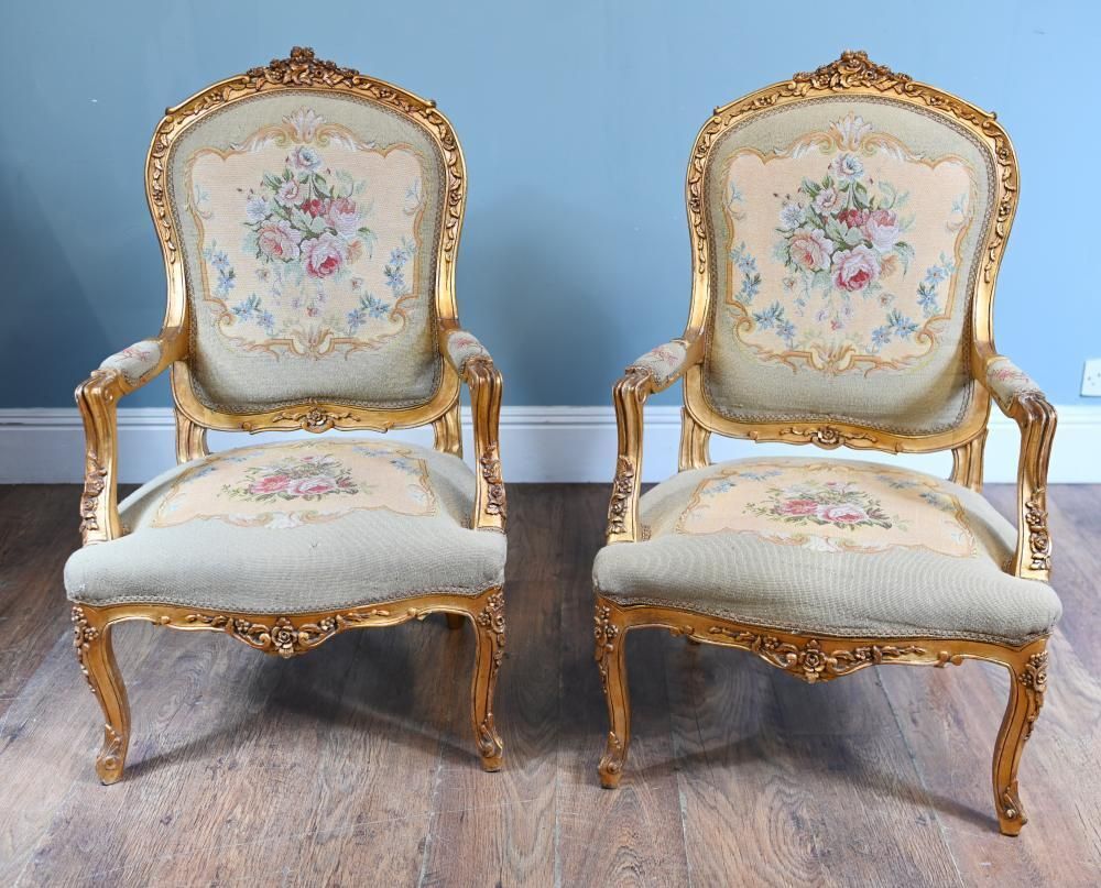 Pair French Armchairs Louis XV Gilt Fauteuil Needlepoint photo Furniture