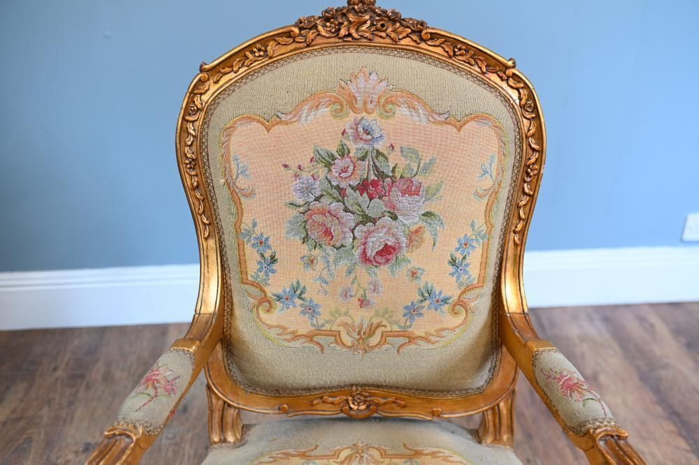 photo furniture Pair French Armchairs Louis XV Gilt Fauteuil Needlepoint