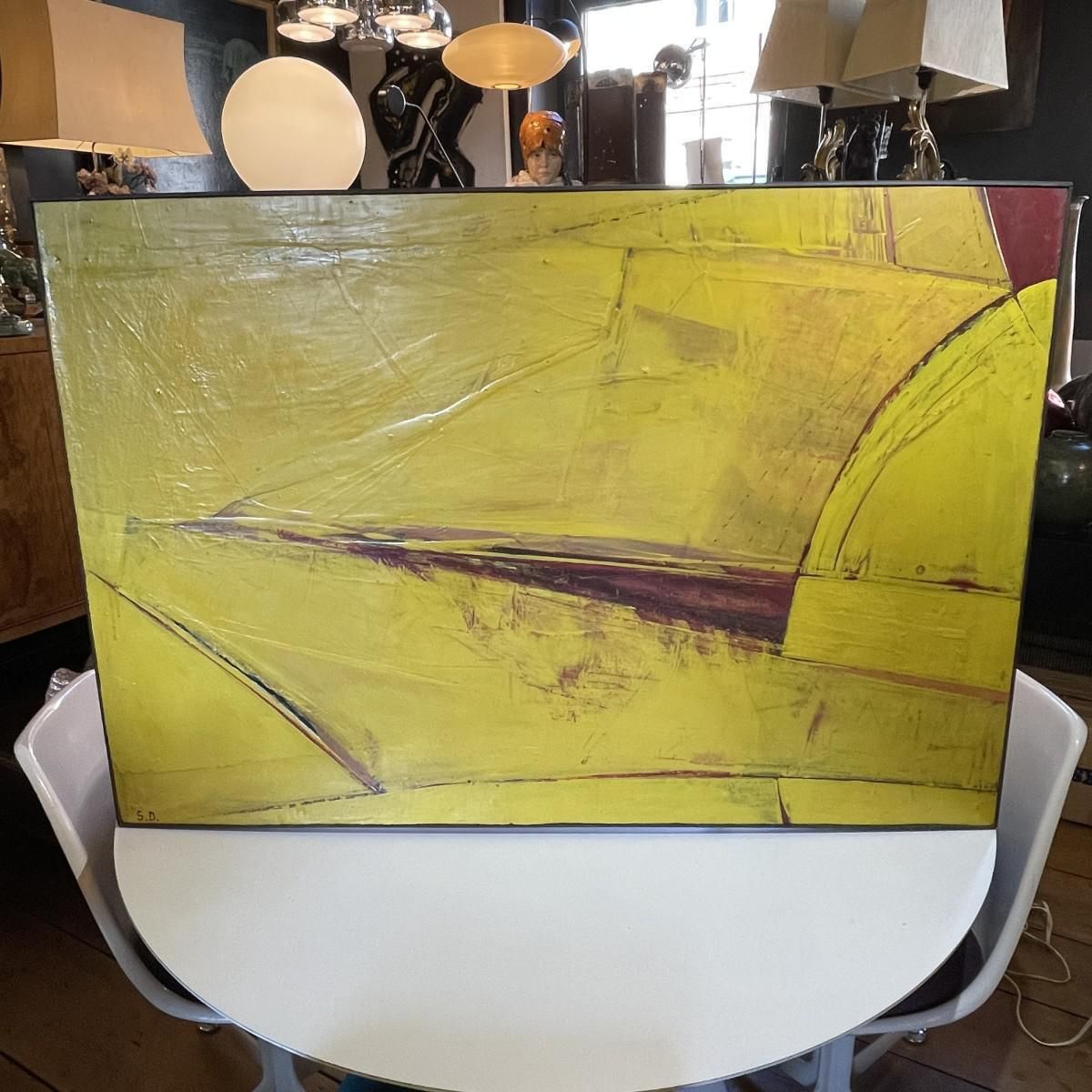 Serge Detriaux, Gele Abstracte Compositie, Olie Op Paneel, 1982 photo furniture