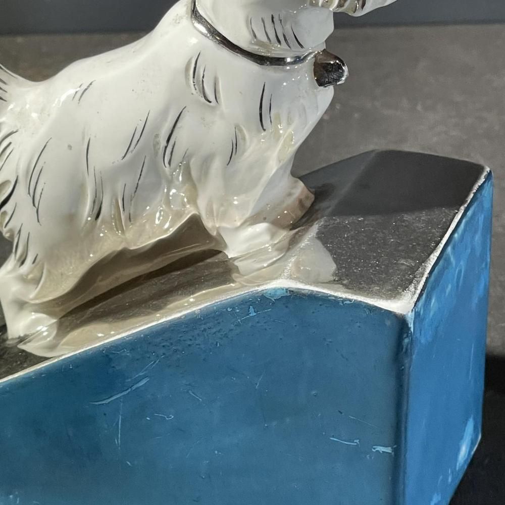 Art Deco Asymmetrical Bookends In White Blue Chrome & Ceramic, 1930s, Set Of 2 photo vintage