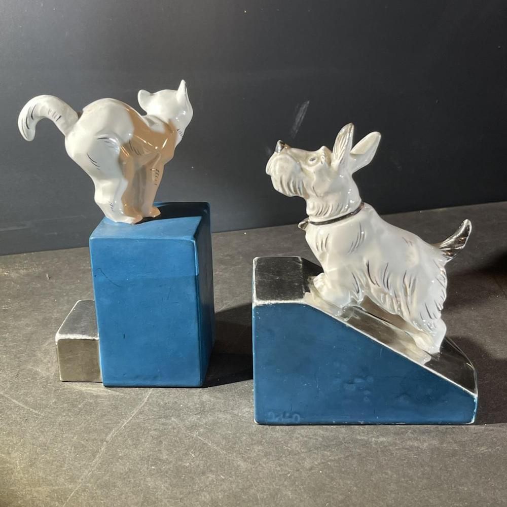 Home Decor Art Deco Asymmetrical Bookends In White Blue Chrome & Ceramic, 1930s, Set Of 2 photo
