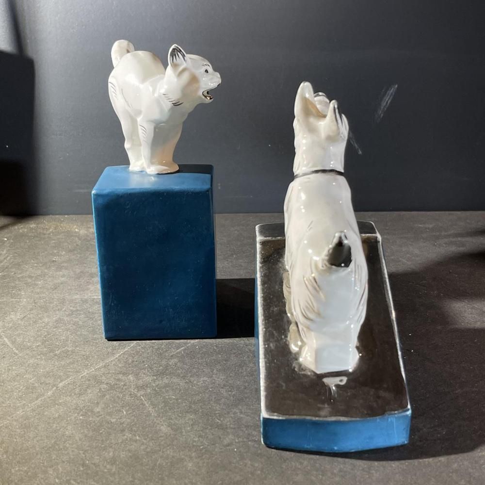 photo vinterior Art Deco Asymmetrical Bookends In White Blue Chrome & Ceramic, 1930s, Set Of 2