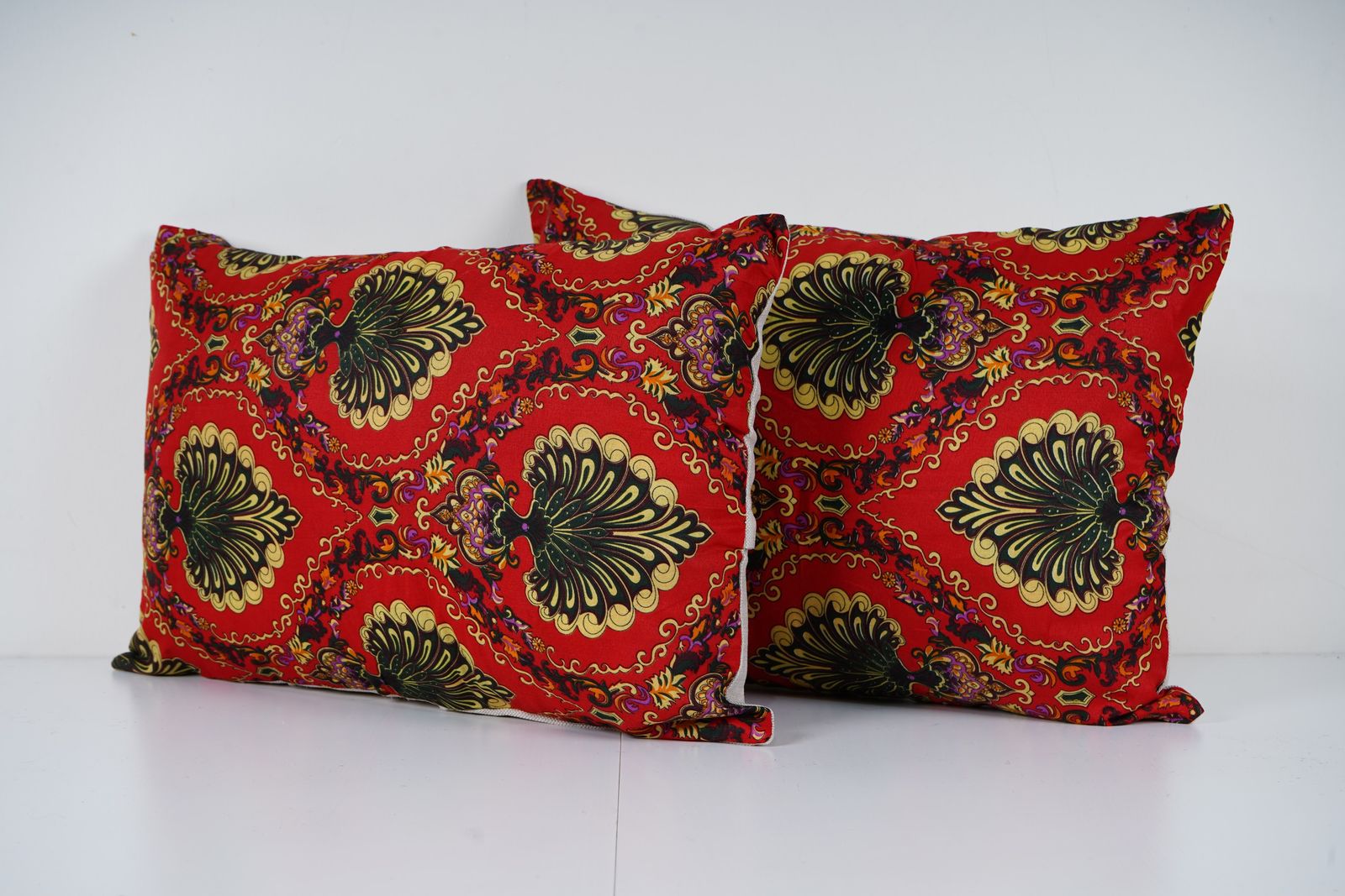 Red And Gold Uzbek Roller Printed Lumbar Pillow Cover Set, Handmade Ethnic Cushion Covers, Boho Decorative Pillows photo for sale
