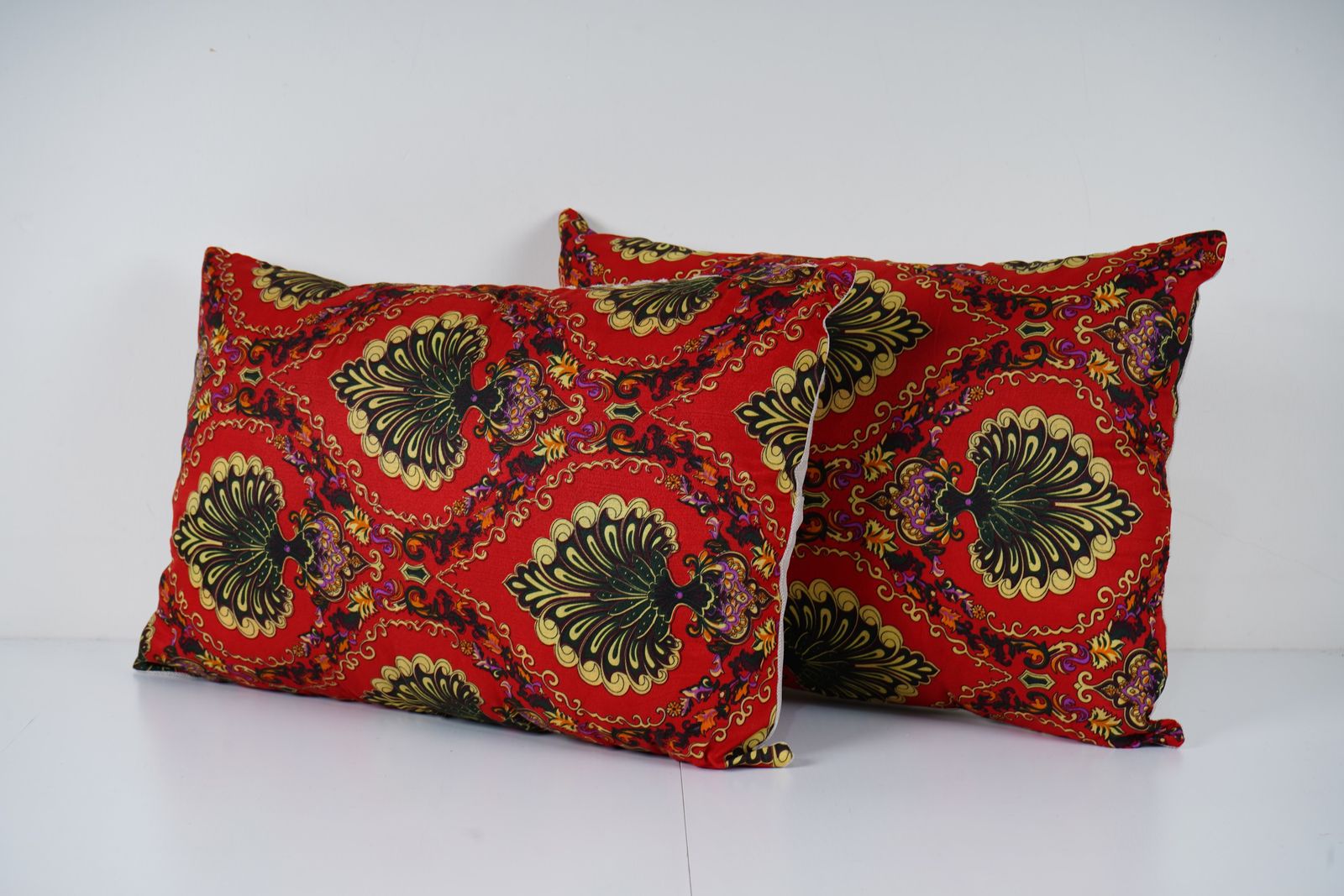 Old Uzbek Trade Cloth Pillow, Set Of Two Floral Roller Print Lumbar Cushion Cover On Cotton photo for sale