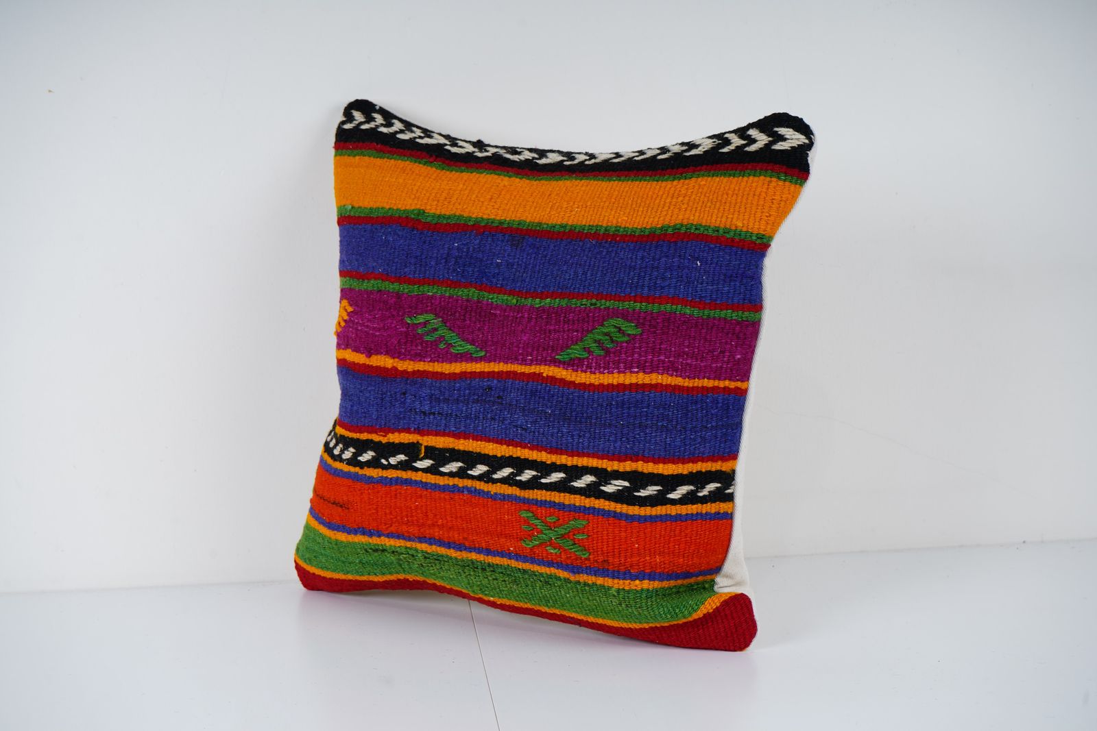 Handmade Vintage Kilim Pillow Cover: Striped Wool Tribal Cushion photo Textiles