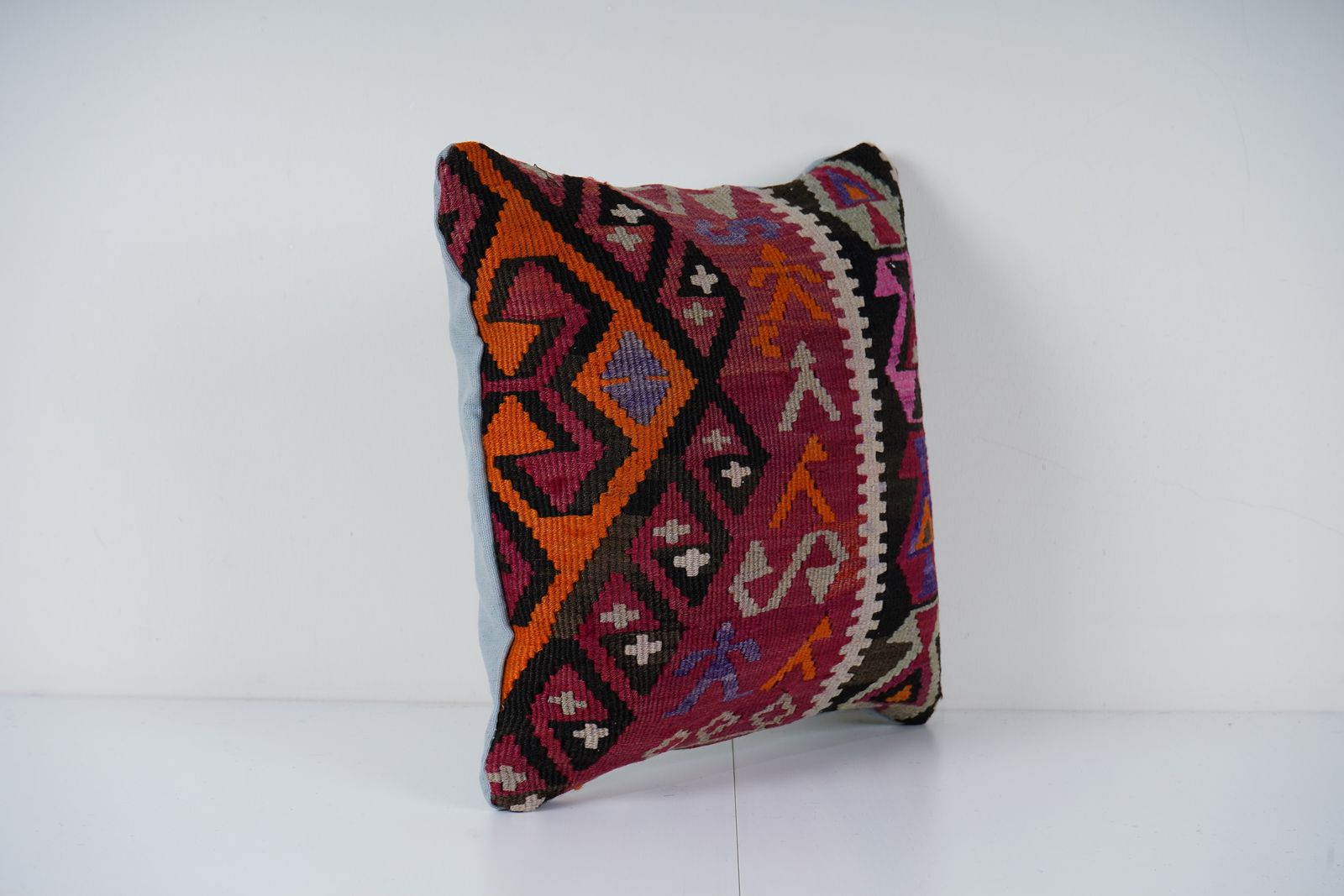 Turkish Kilim Square Pillow Cover, Boho Tribal Geometric Handmade Cushion photo for sale