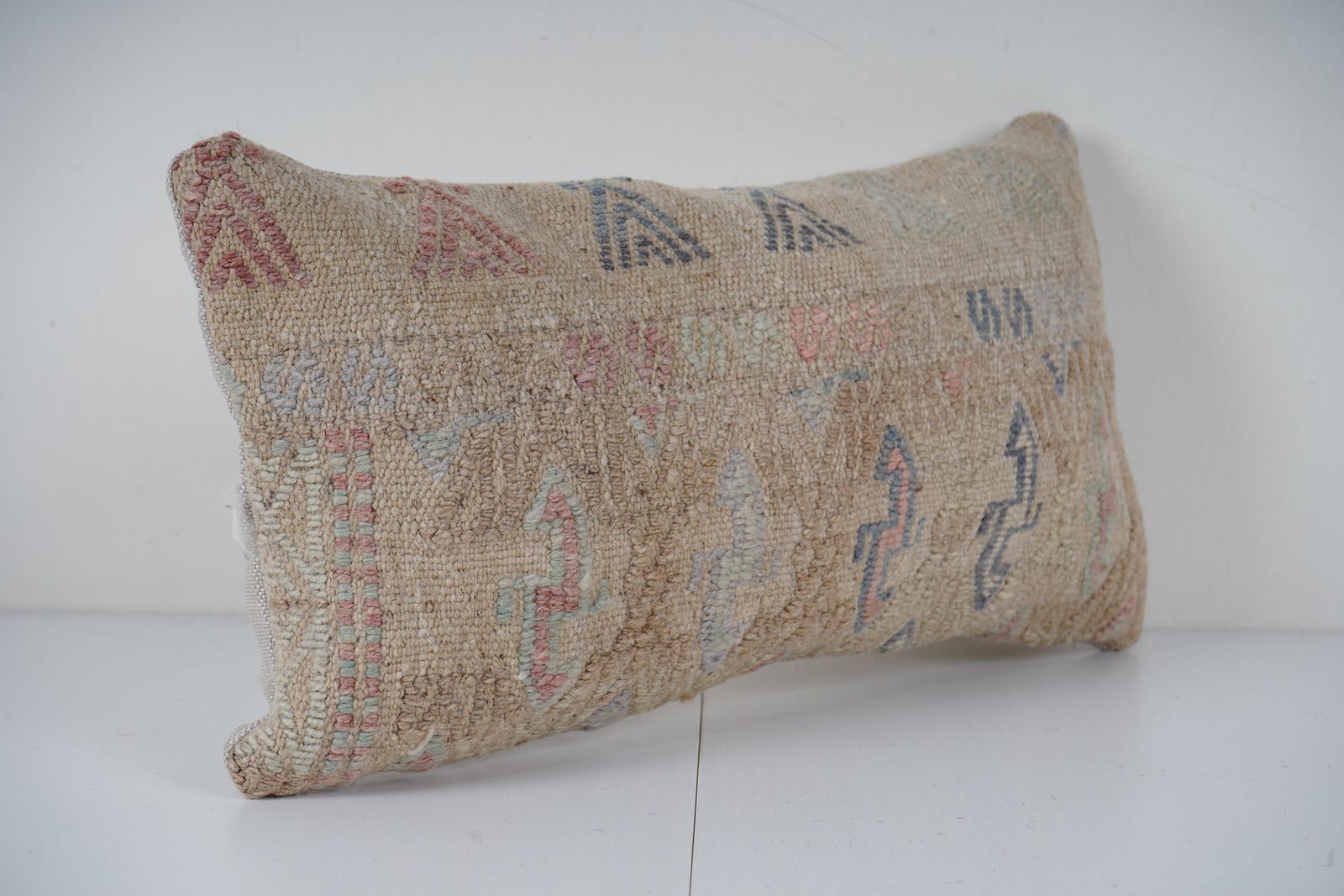Muted Color Kilim Lumbar Pillow Cover, Vintage Turkish Textile Decor photo for sale