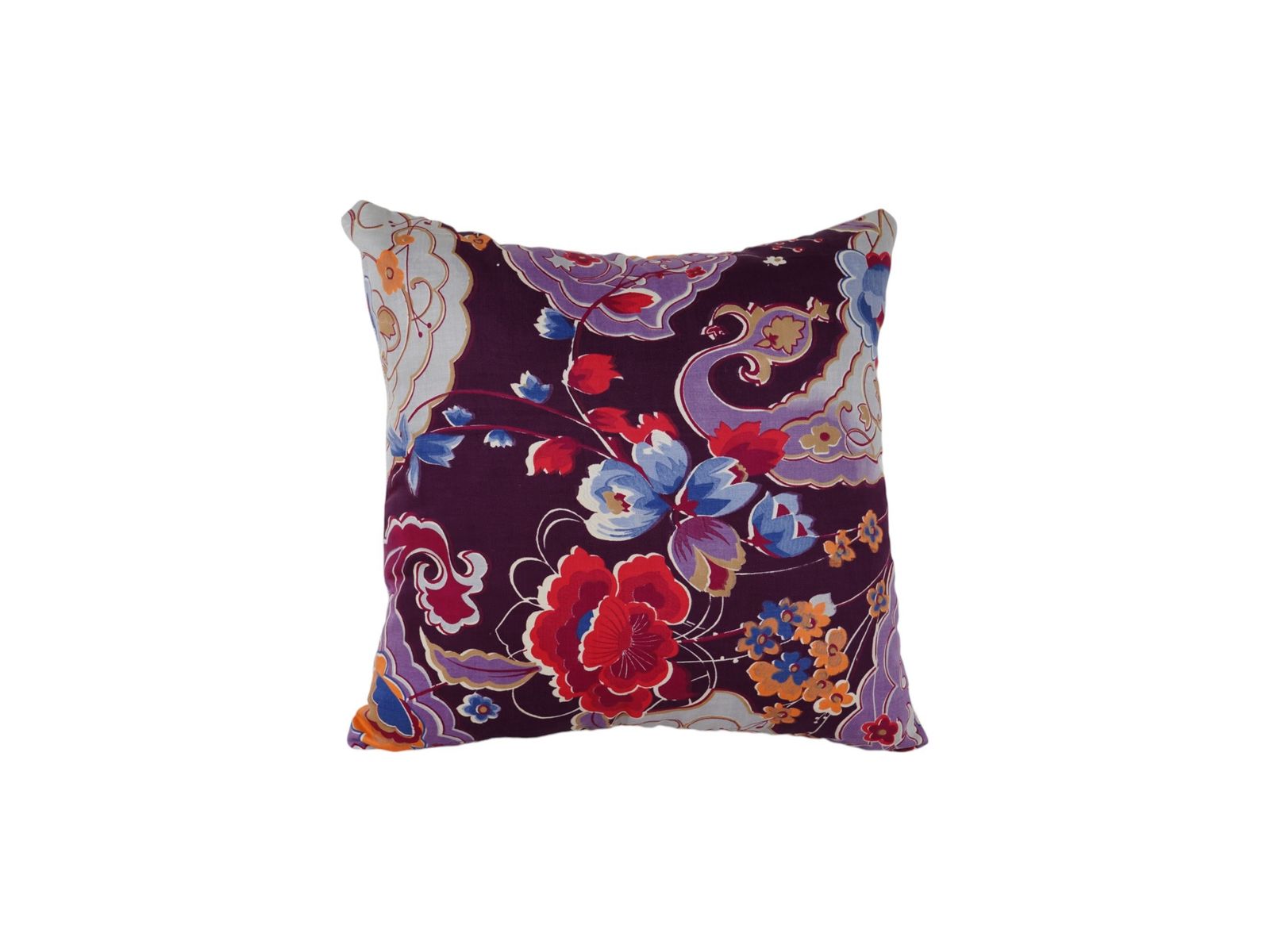 Old Uzbek Trade Cloth Pillow, Vintage Floral Roller Print Cushion Cover On Cotton