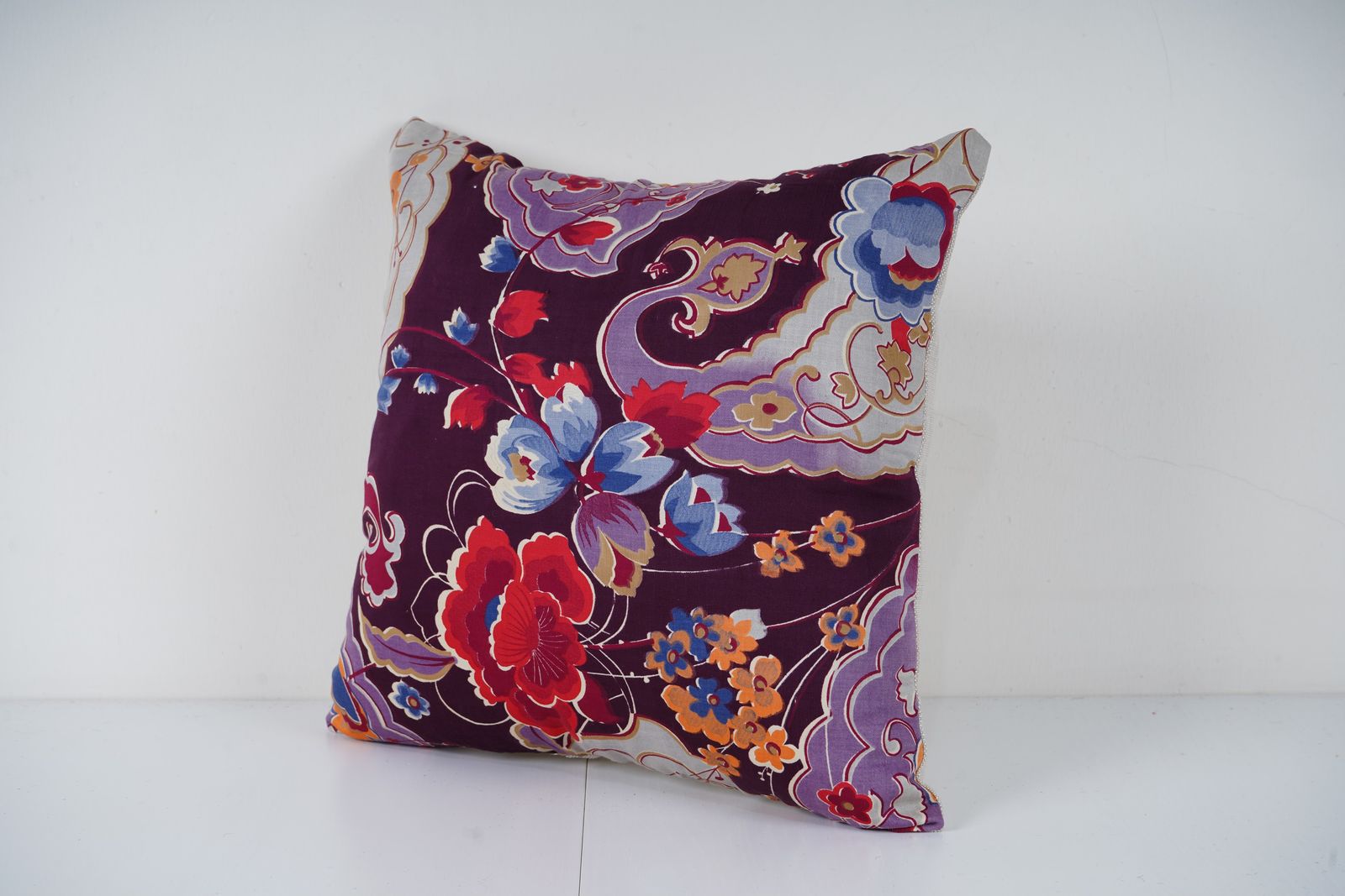 Old Uzbek Trade Cloth Pillow, Vintage Floral Roller Print Cushion Cover On Cotton photo for sale