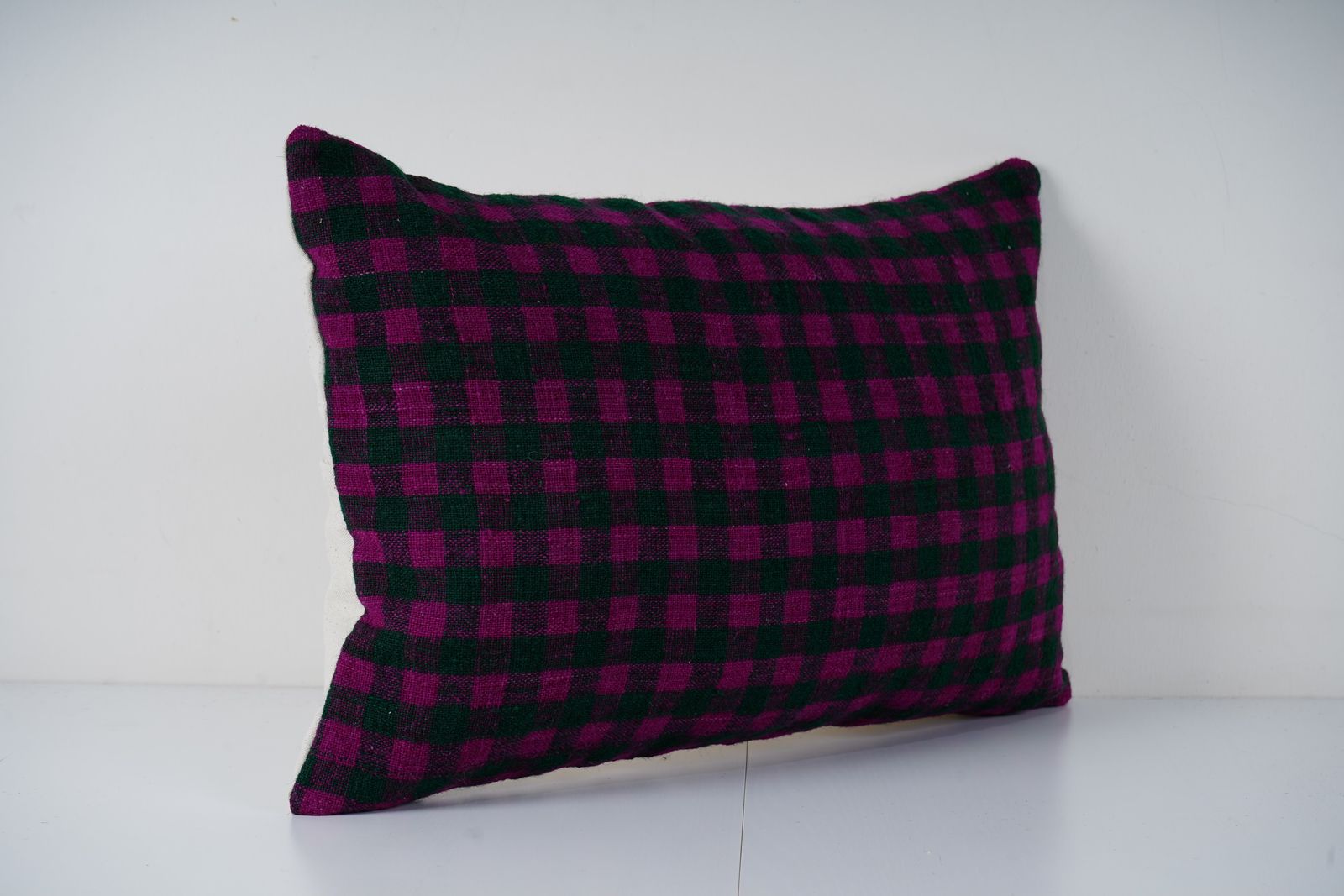 Handwoven Turkish Kilim Lumbar Pillow Cover, Purple Green Check Pattern photo furniture