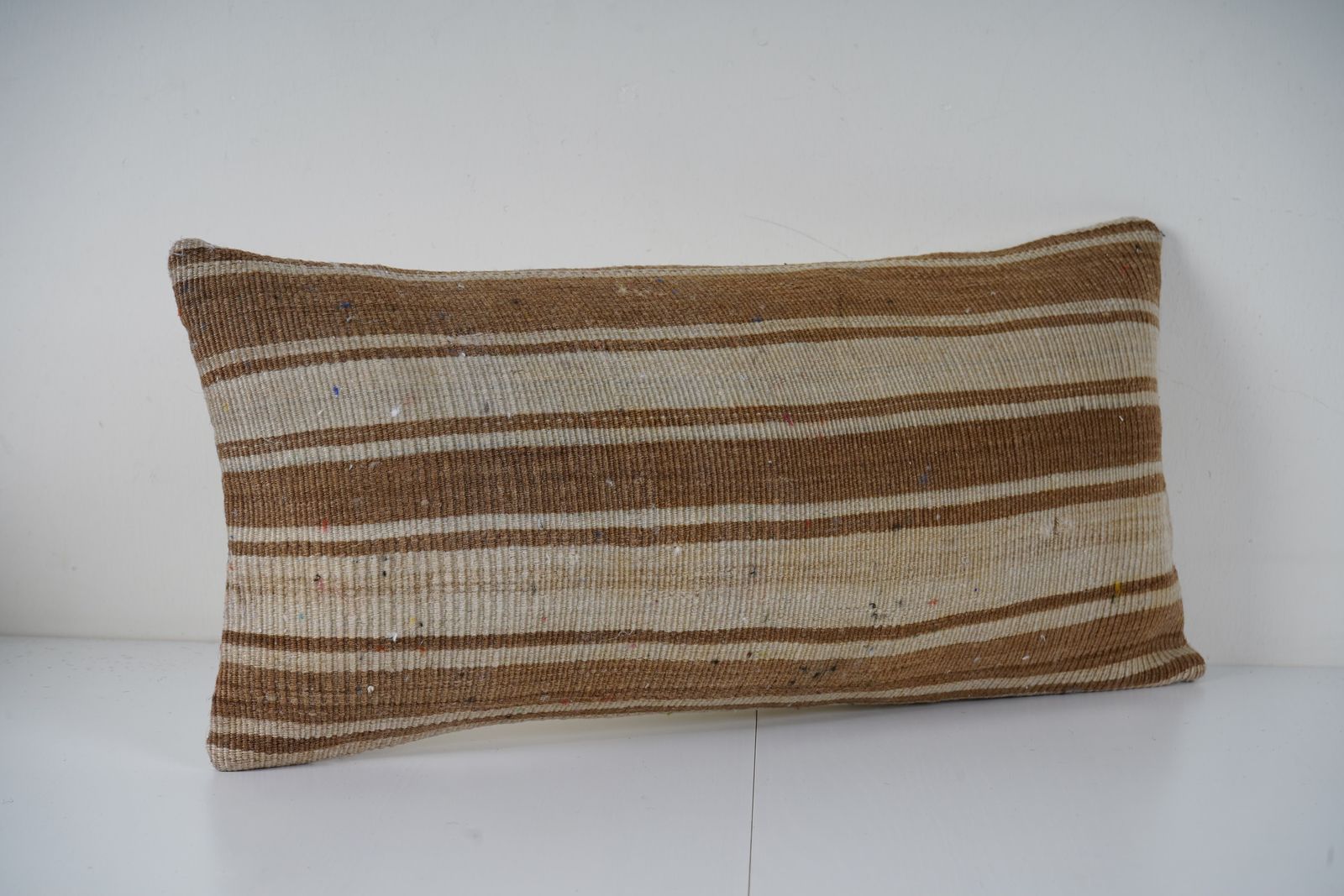 Turkish Kilim Lumbar Pillow Cover, Natural Beige Brown Striped Handmade Cushion photo Textiles