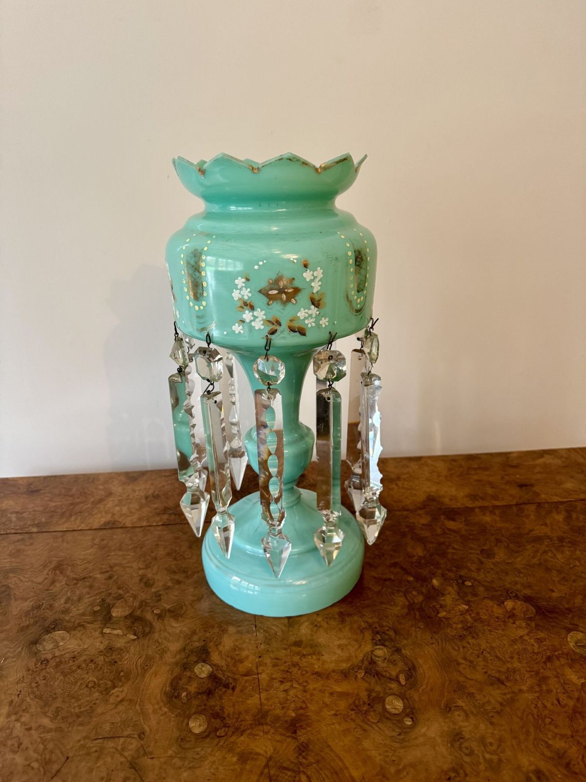 Pretty Quality Large Victorian Turquoise Glass Lustre photo for sale